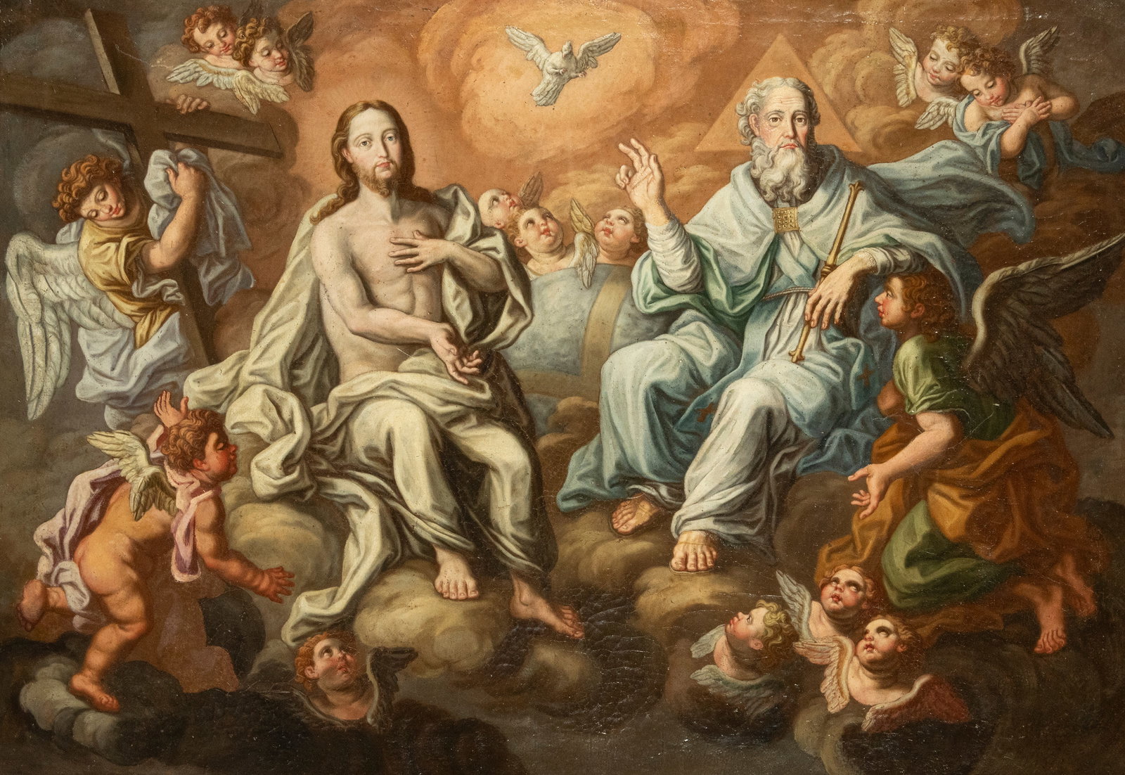 Italian or Spanish Baroque Master, Holy Trinity, 18th century: Oil on canvas, good condition, unframed. Canvas dimensions: 55 x 75 cm