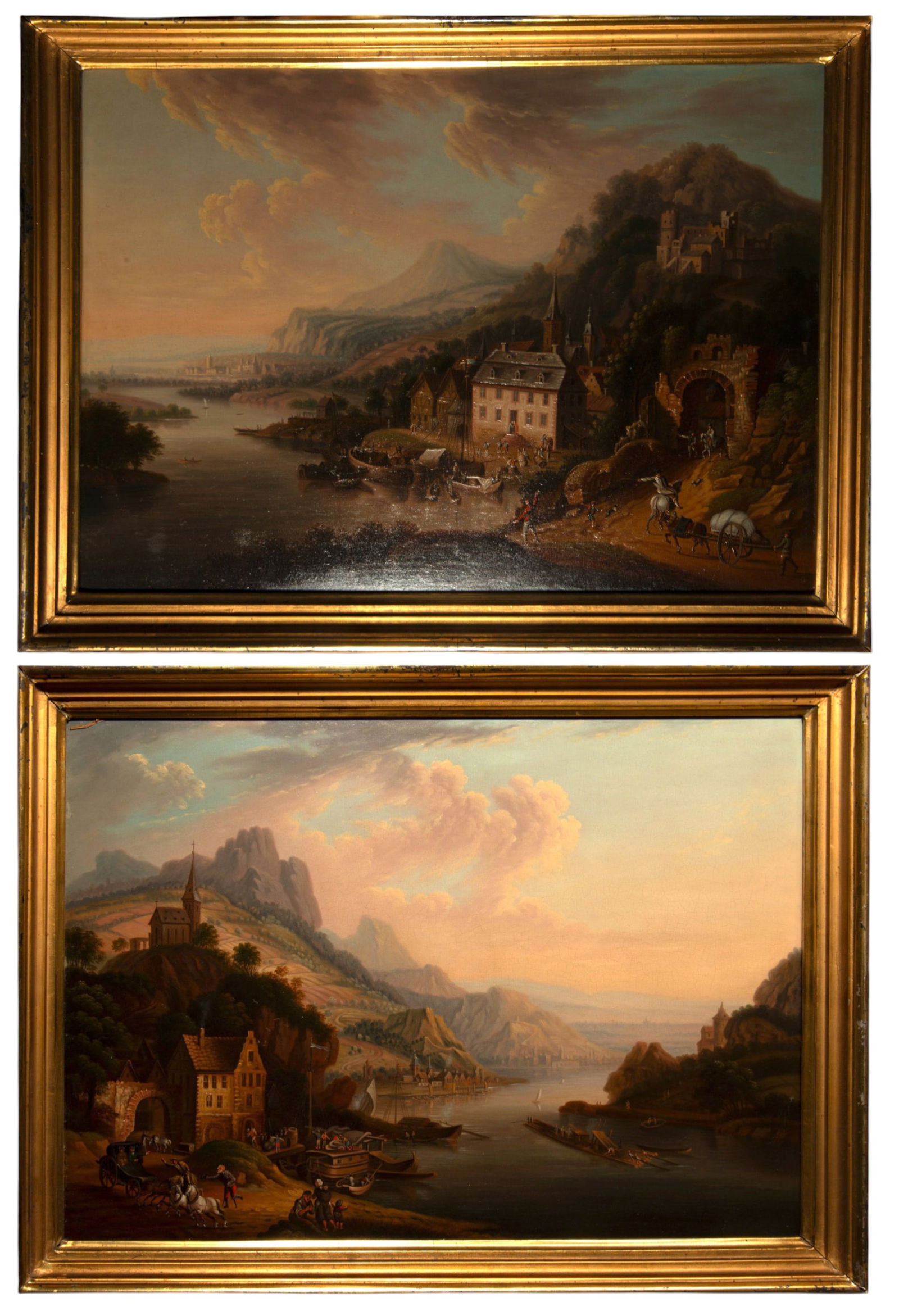 Landscapes of the Rhine Riverbanks, Christian Georg Schütz, German School, 18th Century: Oil on paper mounted on panel. Dimensions 34.5 x 49.5 cm. A pair of river landscapes set on the banks of the Rhine, where sweeping panoramic vistas create a balanced dialogue between architecture, nat