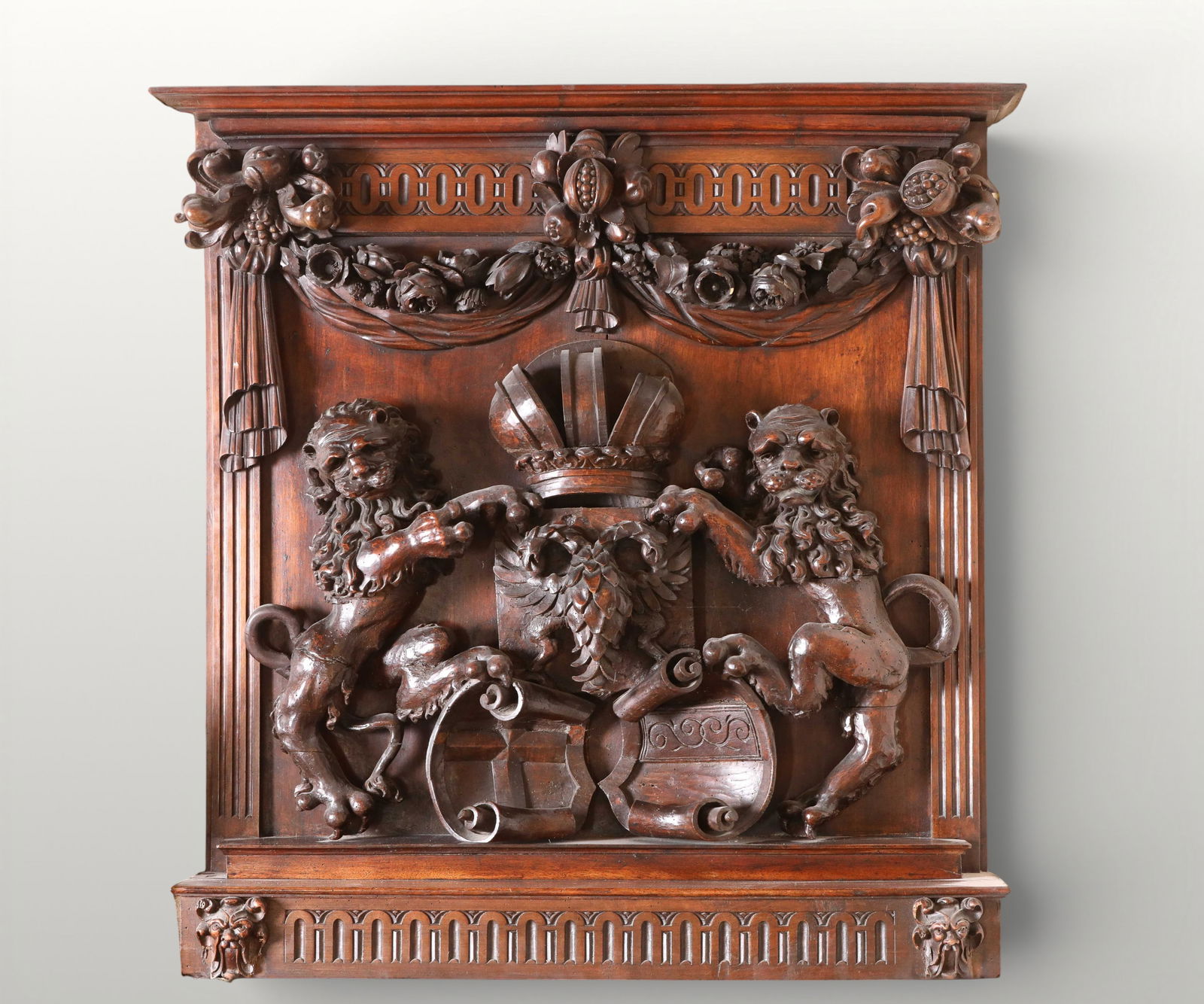 Architectural element with shield and rampant lions, European School, 17th Century (1 of 3)
