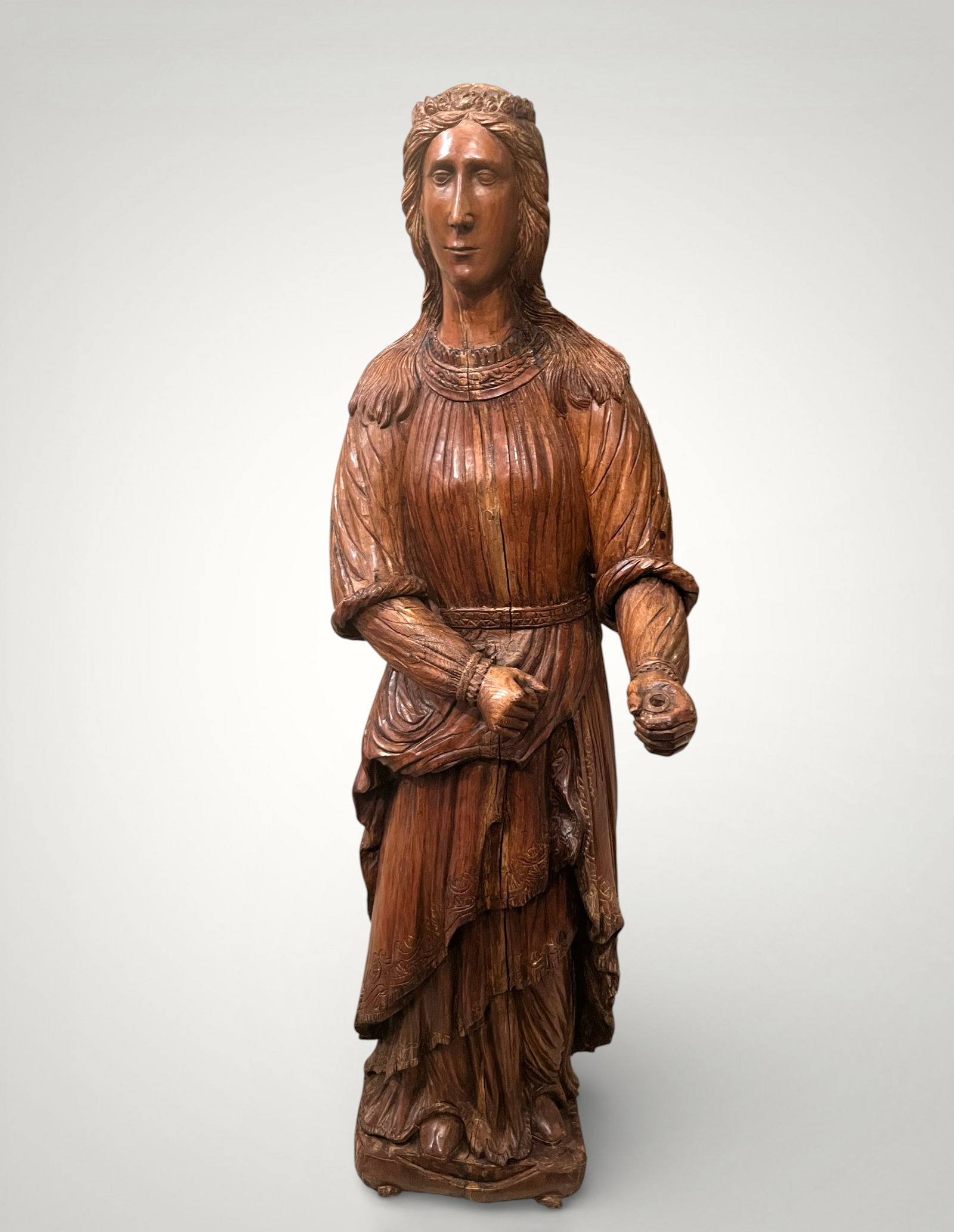 Standing saint in flowing robes, European religious sculpture, 17th century (1 of 5)
