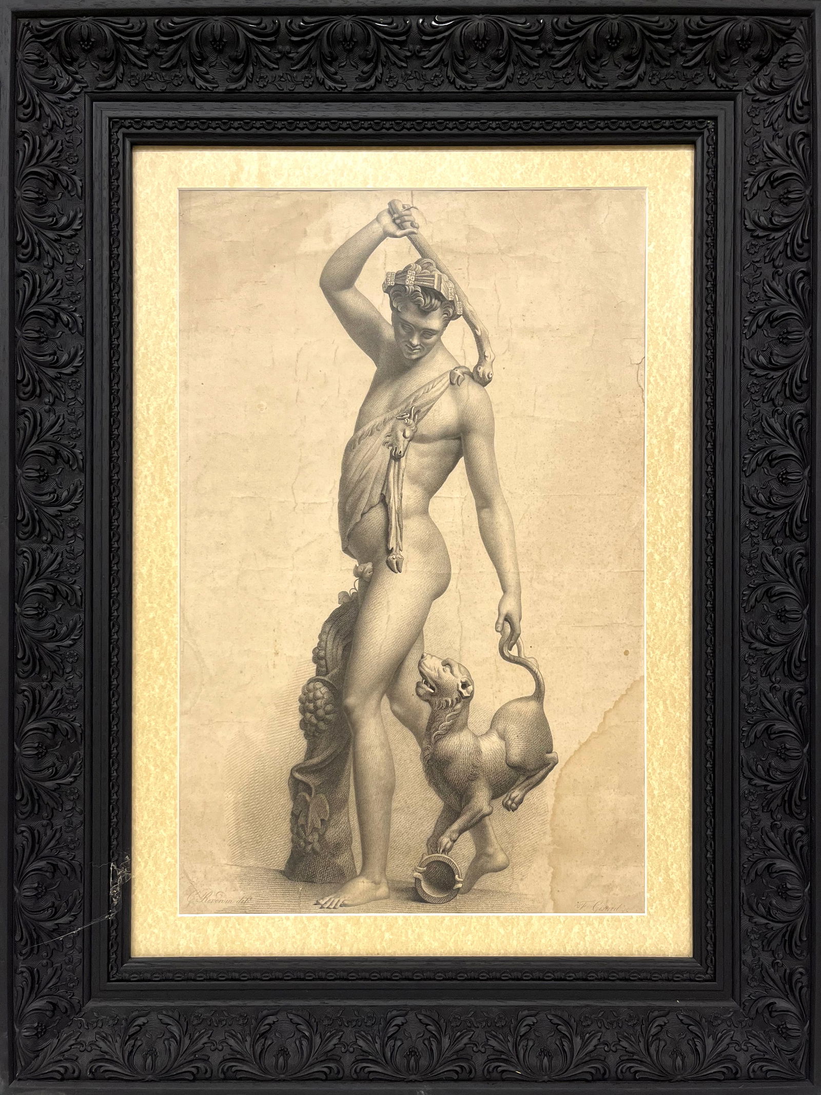 Bacchus, Richard, Academic School, 19th Century: Graphite on paper. Dimensions not specified. Academic sketch depicting Bacchus nude, standing in a dynamic pose, with his arm raised and his body slightly twisted, accompanied by a mythological animal