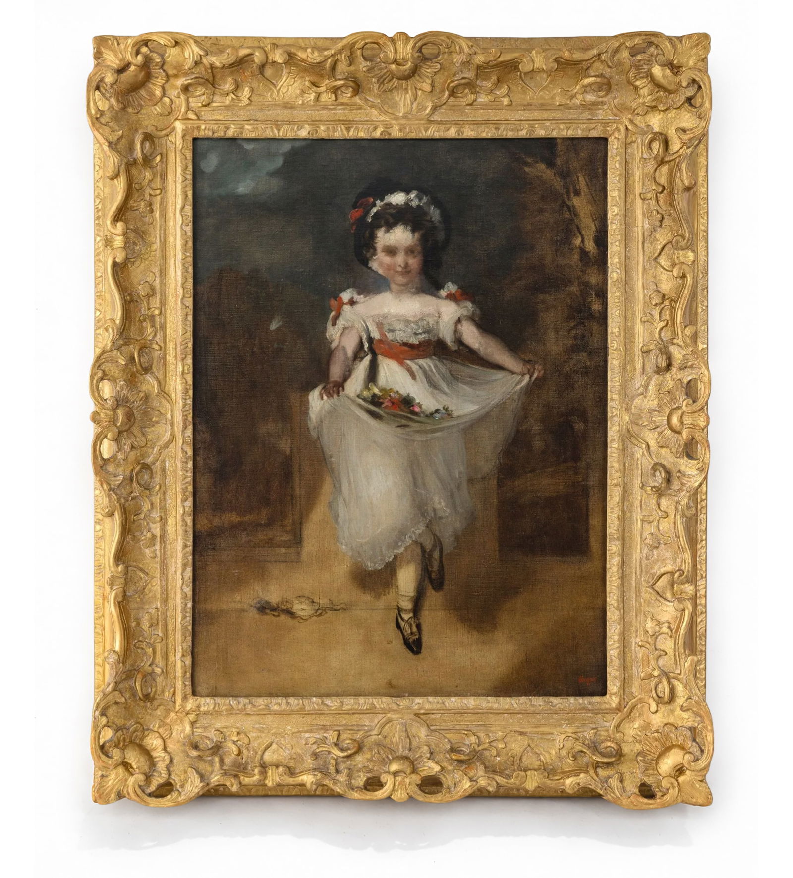 EDGAR DEGAS (Paris, 1834 – 1917) Fillette portant des fleurs dans son tablier (c.1860–1862): Oil on canvas. Dimensions: 73.3 x 55.7 cm. Stamped “Degas” in the lower right corner. Painted around 1860–1862, this delicate composition belongs to a key moment in Edgar Degas's artistic de