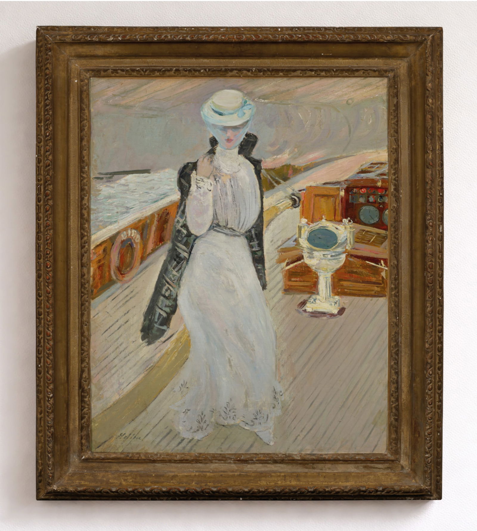 PAUL CÉSAR HELLEU (Vannes, 1859 – Paris, 1927) - Elegant young woman on the Bird Bridge (c. 1900): Oil on canvas. Dimensions: 81.3 x 60 cm. Signed lower left “Helleu”. Framed in profile. A refined and luminous scene depicting an elegantly dressed young woman on the deck of the Bird, the art
