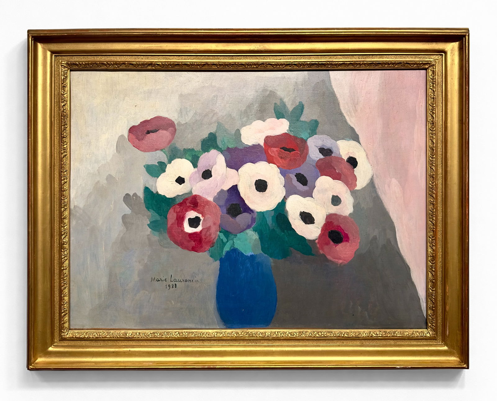 MARIE LAURENCIN (Paris, 1883 – Paris, 1956) - Anemones in a Blue Vase (1933): Oil on canvas. Dimensions: 49 x 64 cm. Signed and dated lower left “Marie Laurencin 1933”. This floral composition, executed in 1933, is fully representative of Marie Laurencin's personal styl