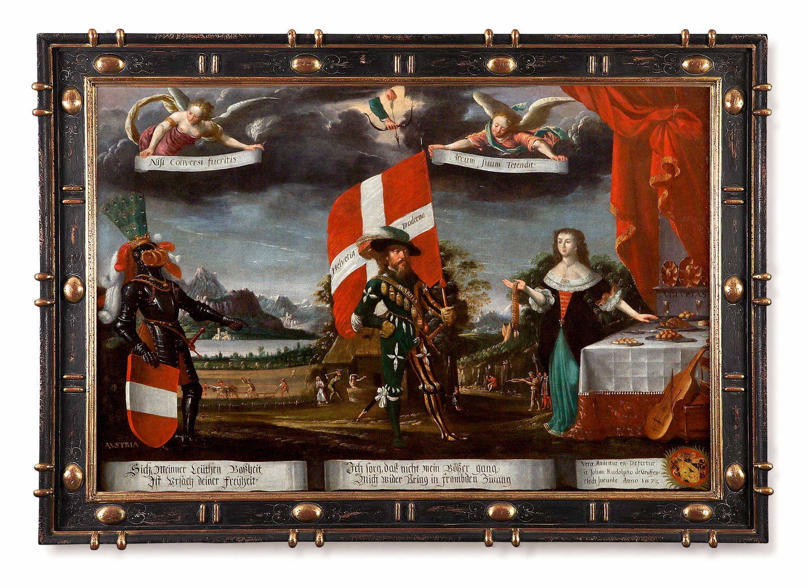 ALBRECHT KAUW THE ELDER (Strasbourg, 1621 – Bern, 1681) - Allegory of Switzerland: Oil on panel. Dimensions: 96 x 131 cm. Signed in the lower center. This composition is a complex political allegory dedicated to the Swiss Confederation, conceived within the symbolic and moralizing c