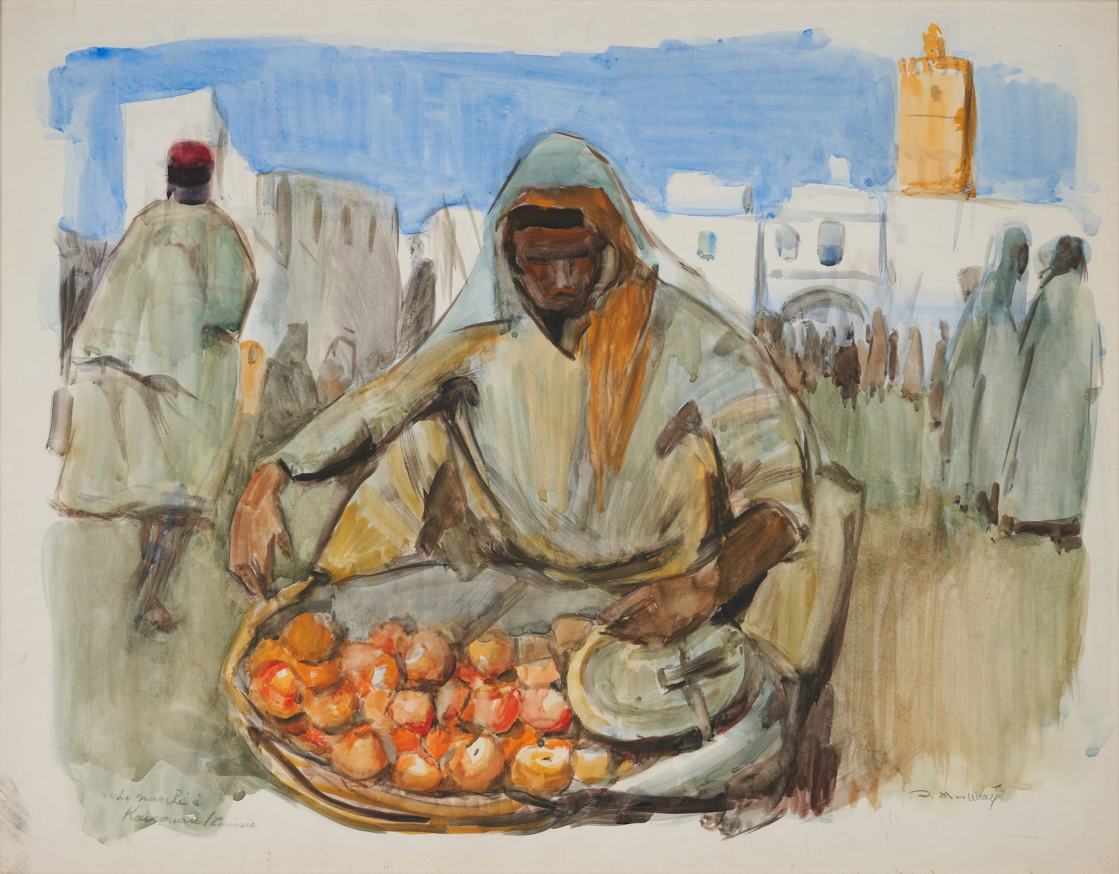 Lucien Desmaré (1905-1961) - Market in Kairouan: Watercolor on paper. Dimensions: 52 × 67 cm. A market scene set in North Africa reflects the artist's Orientalist interest in the daily life and urban spaces of the southern Mediterranean. The compos