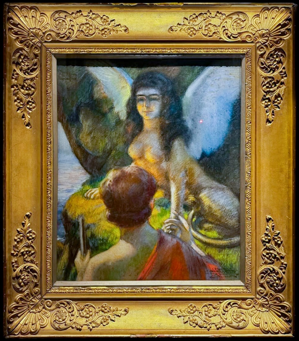 School of Gustave Moreau (France 1834-1917) - Study for "Oedipus and the Sphinx": Pastel. Dimensions: 104 x 90 cm (with frame). Large pastel signed by Charles Doumont and dated 1942, created as a study for the mythological subject of Oedipus and the Sphinx. The work is located in C