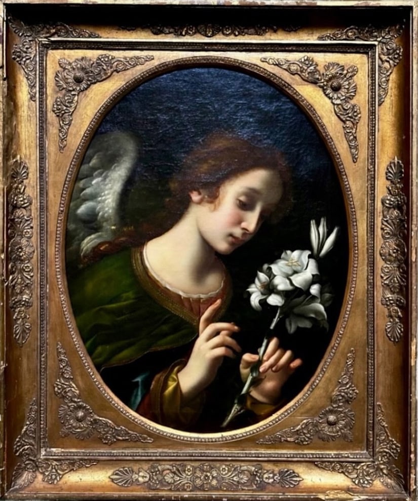 Style of Carlo Dolci (Florence, 1616–1686) - The Angel of the Annunciation, 18th-19th century: Oil on canvas; original frame. Dimensions with frame: 90 × 74 cm. This painting is a beautiful 19th-century version of L'Ange de l'Annonciation, a celebrated composition by Carlo Dolci, painted aroun
