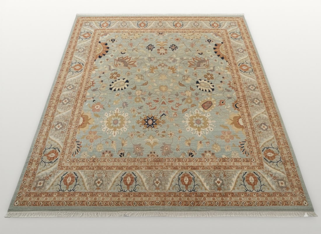 Oriental rug in Persian style, contemporary manufacture, late 20th – early 21st century: Blue field rug with stylized floral decoration. Hand-knotted wool. This rectangular rug features a large central field in celadon blue decorated with a stylized botanical motif composed of palmettes,