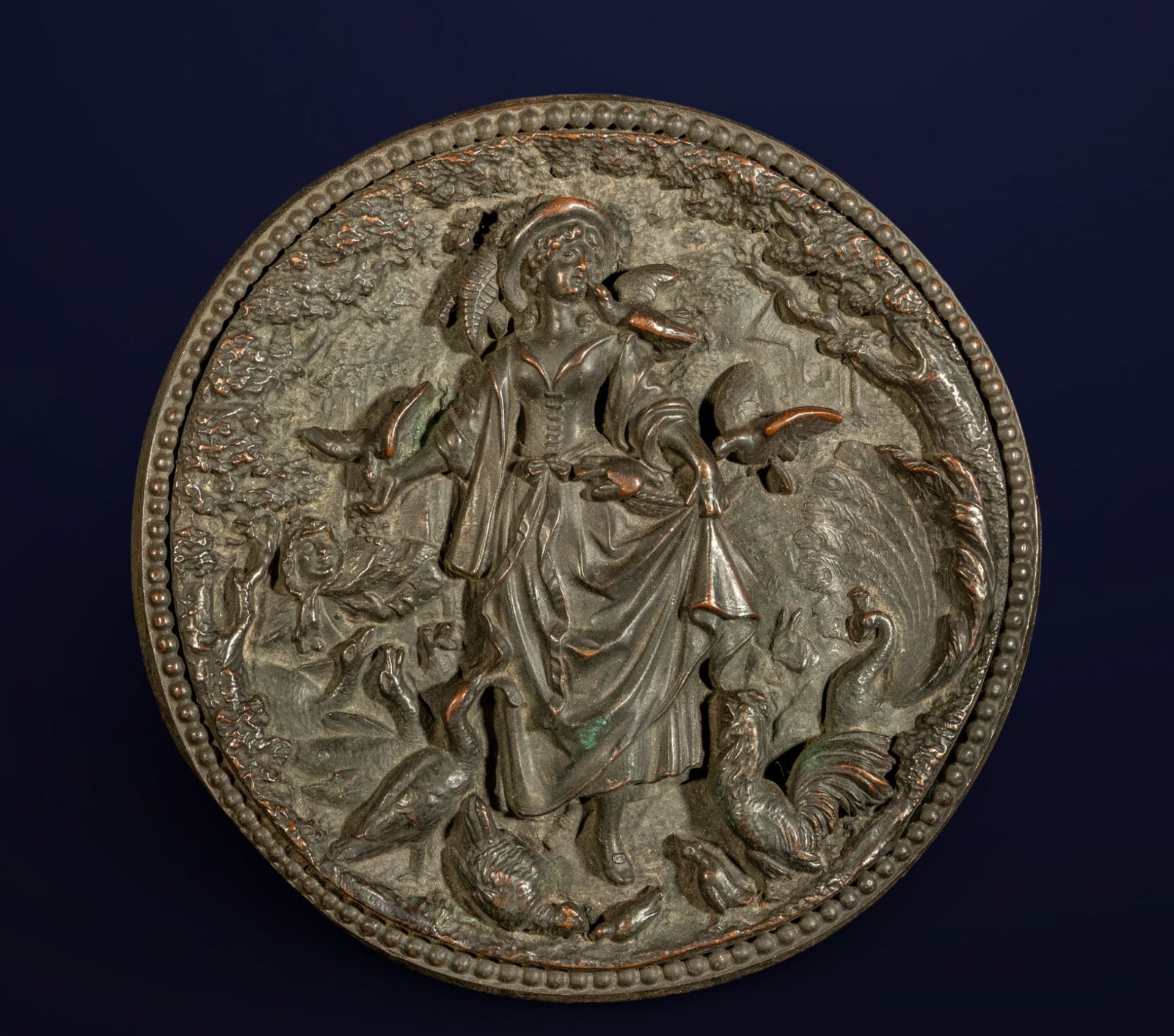 19th-century French bronze medallion of a peasant woman with geese (1 of 1)