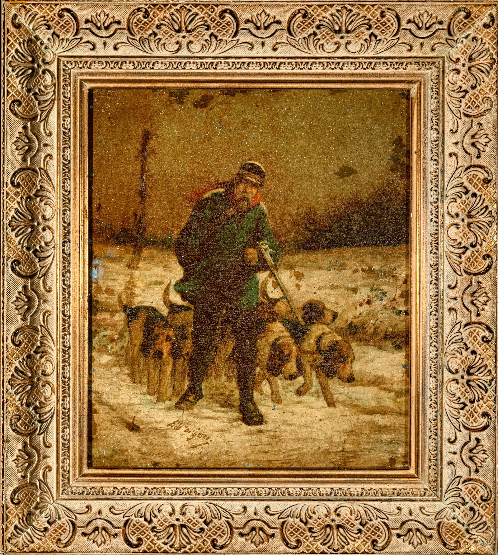 Albert de Gesne (French, 1834–1903) - The Hunter: Oil on metal plate. Framed dimensions: 49 x 44 cm. Artwork dimensions only: 34 x 30 cm