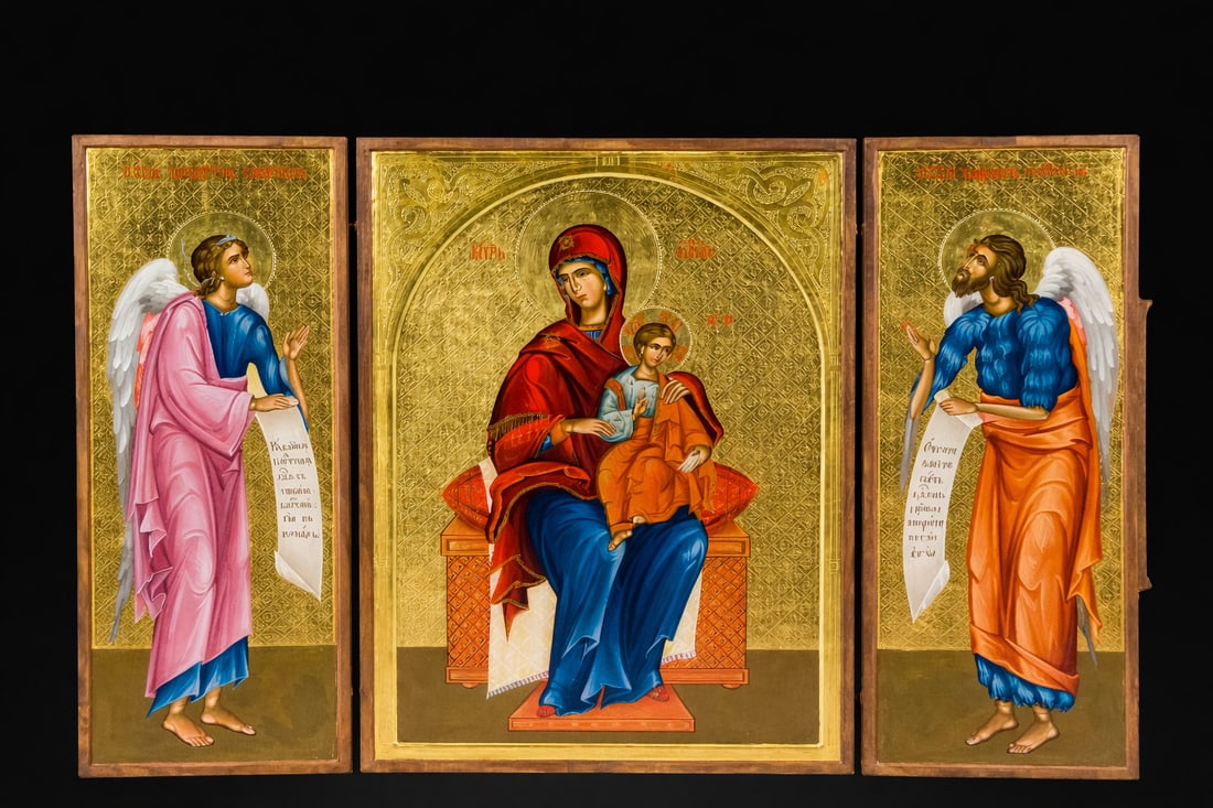 Exquisite 19th Century Neo-Byzantine Orthodox Triptych: Exquisitely carved, polychromed, and gilded wood. Closed dimensions: 32 x 45 cm; open dimensions: 45 x 65 cm