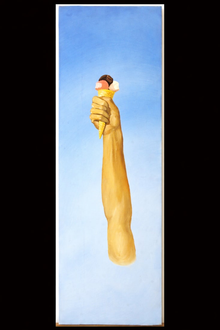 José María Larrondo (1958, Villafranca de los Barros): Fire-Flavored Ice Cream for Cold Days. Oil on canvas, 100 x 30 cm, painted in November 1987. Provenance: private collection in Seville.