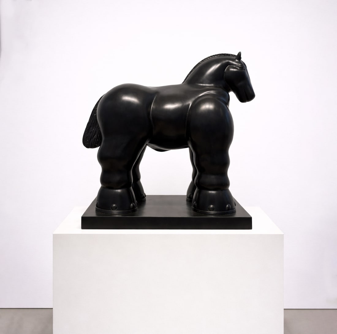 Bronze sculpture "The Horse" signed "F.BOTERO": Late or posthumous casting. Signed on the base "F. Botero" and numbered 319. Height: 33 cm. A sculpture of robust volume representing a horse of monumental proportions, conceived in the characteristic