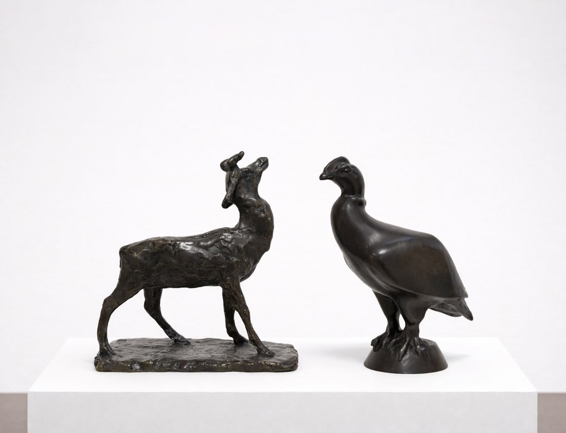 Pair of bronze sculptures "Deer" and "Condor", signed "Pompon": Signed “Pompon” on the base and numbered 9/25 respectively. With the foundry mark “Cire Perdue C. Valsuani”. Bronze with a dark brown patina, lost-wax casting. The first sculpture repr