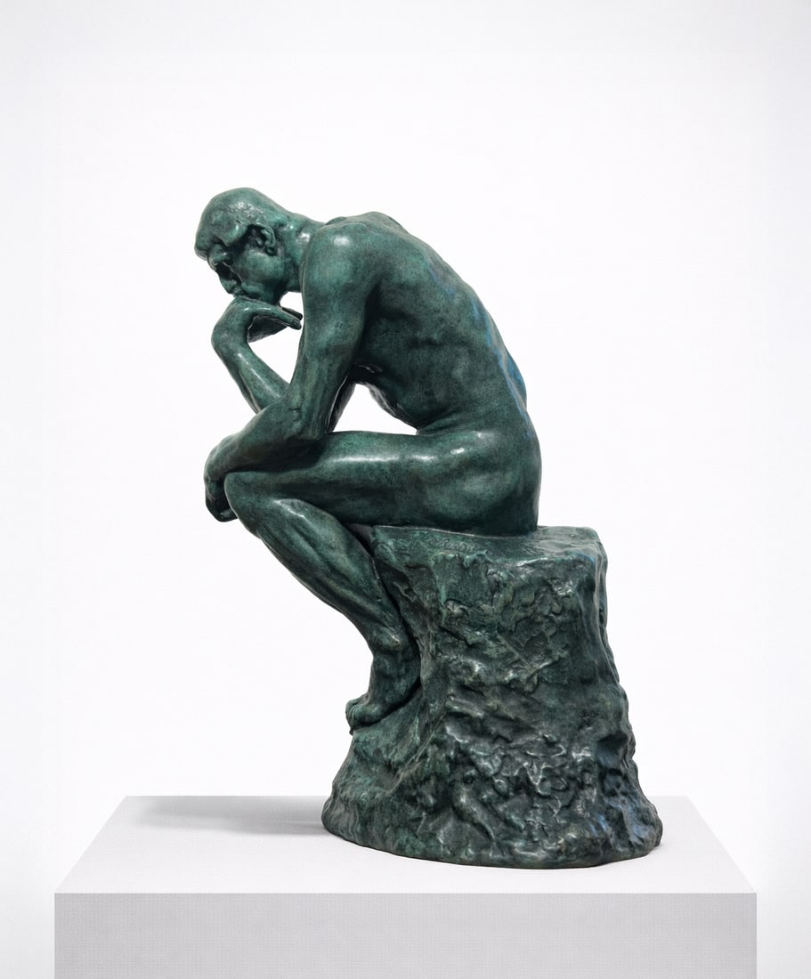 Bronze sculpture of "The Thinker", signed "A. Rodin": Signed "Rodin" on the base. Bronze with a green patina, lost-wax casting. This sculpture in the round depicts the famous nude male figure in a meditative pose, seated on a rock, with his torso leaning