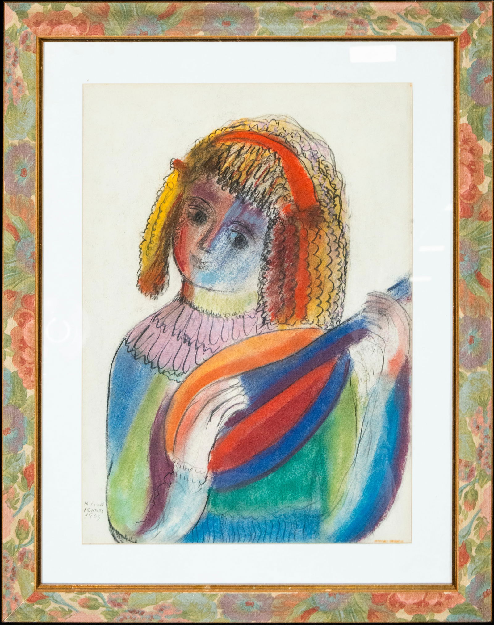 Young lady with guitar, Spanish school, 20th century: Pencil and mixed media drawing on paper. Dimensions: 48 x 34 cm and 66 x 50 cm. A half-length portrait of a female figure holding a guitar, rendered with a free and expressive graphic style. The drawi