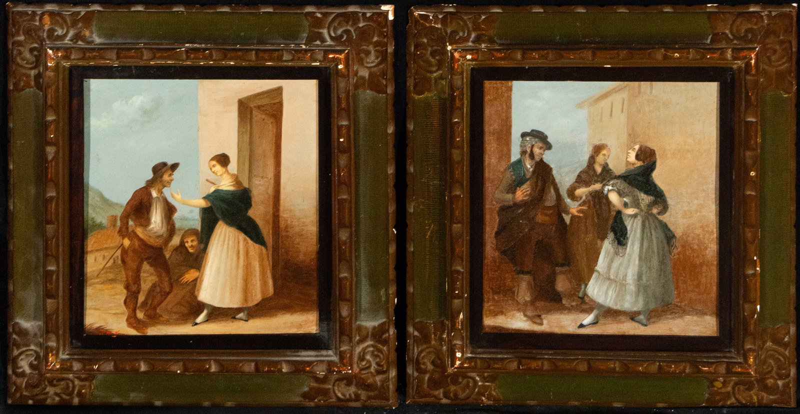 Genre scenes, Sevillian School, 19th century: Oil on metal sheet. Dimensions 31 x 25 cm. A pair of small-format scenes depicting everyday scenes with figures dressed in traditional attire, arranged in simple architectural spaces that reinforce th