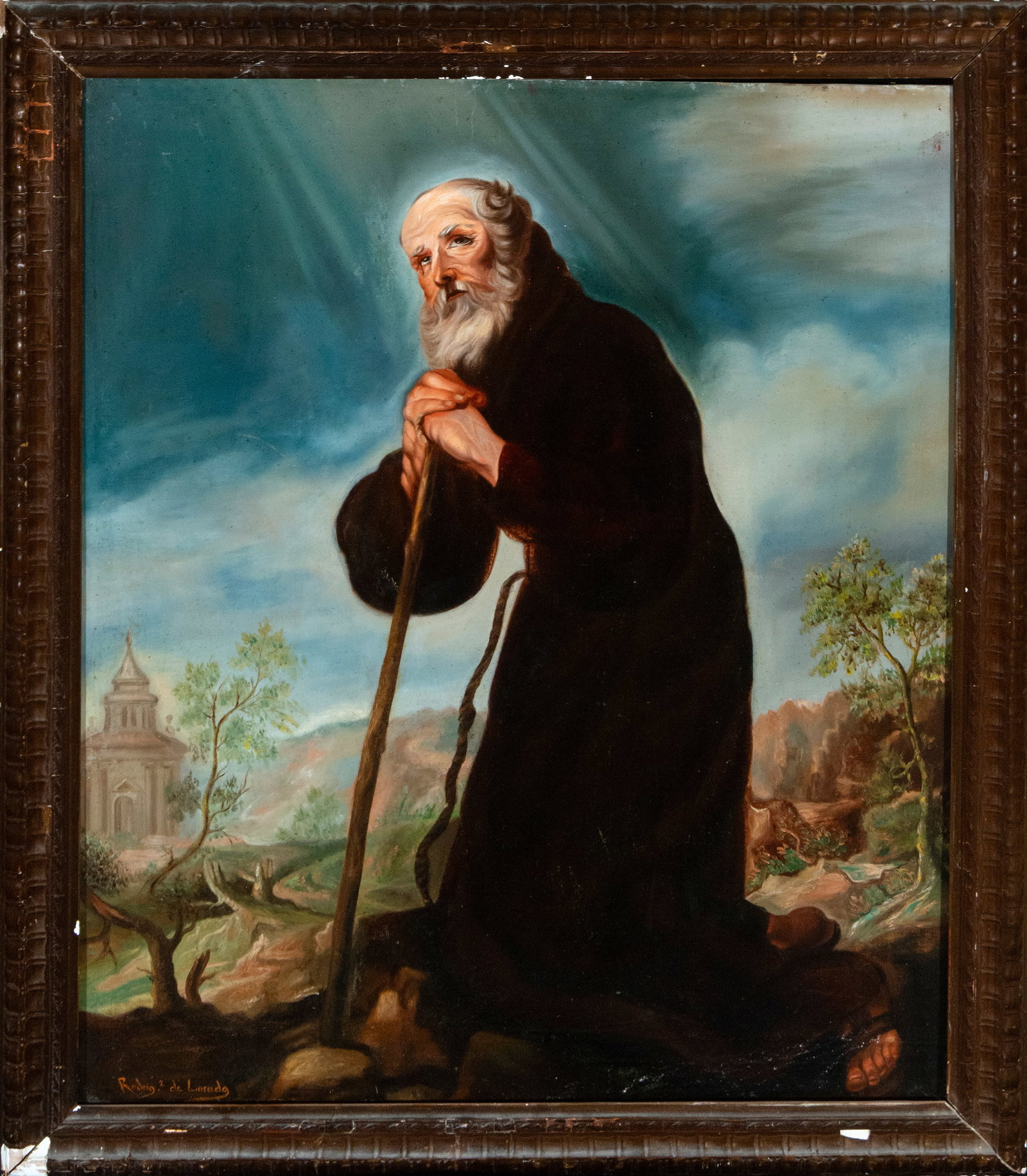 Holy penitent. Rodriguez de Losada. 18th century: Oil on canvas. Dimensions: 82 x 68 cm and 92 x 77 cm. Devotional image of a saint depicted in a penitent pose, kneeling and leaning on a staff, with his face raised and his gaze introspective. The fig