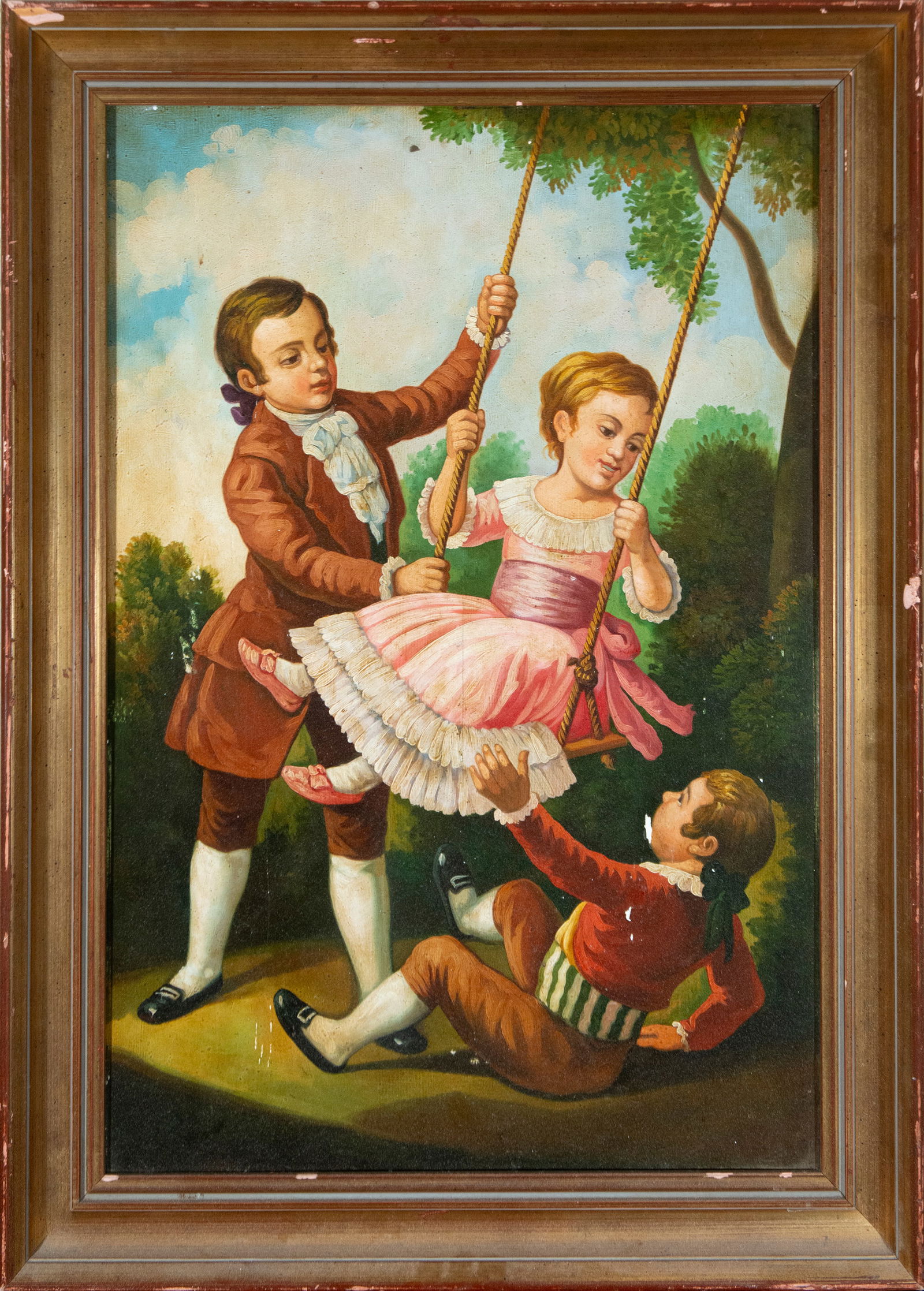 Children swinging. European school. 19th century.: Oil on panel. Dimensions: 66 x 45 cm and 80 x 56 cm. A charming and narrative children's scene in a garden setting, where several children interact around a swing suspended from a tree. The figures ar
