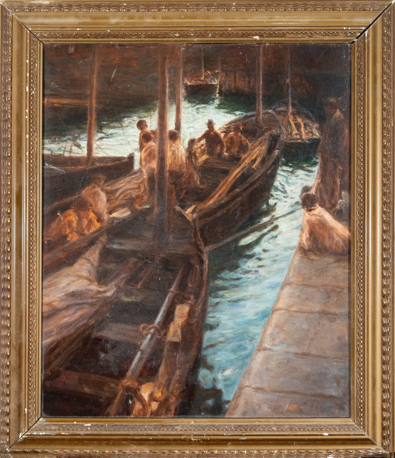 Fishermen's scene. Spanish school. 19th century.: Oil on panel. Dimensions: 50 x 41 cm and 60 x 71 cm. A port scene set on a dock, where several figures of fishermen work around moored boats, creating a deep and immersive composition. The interplay o