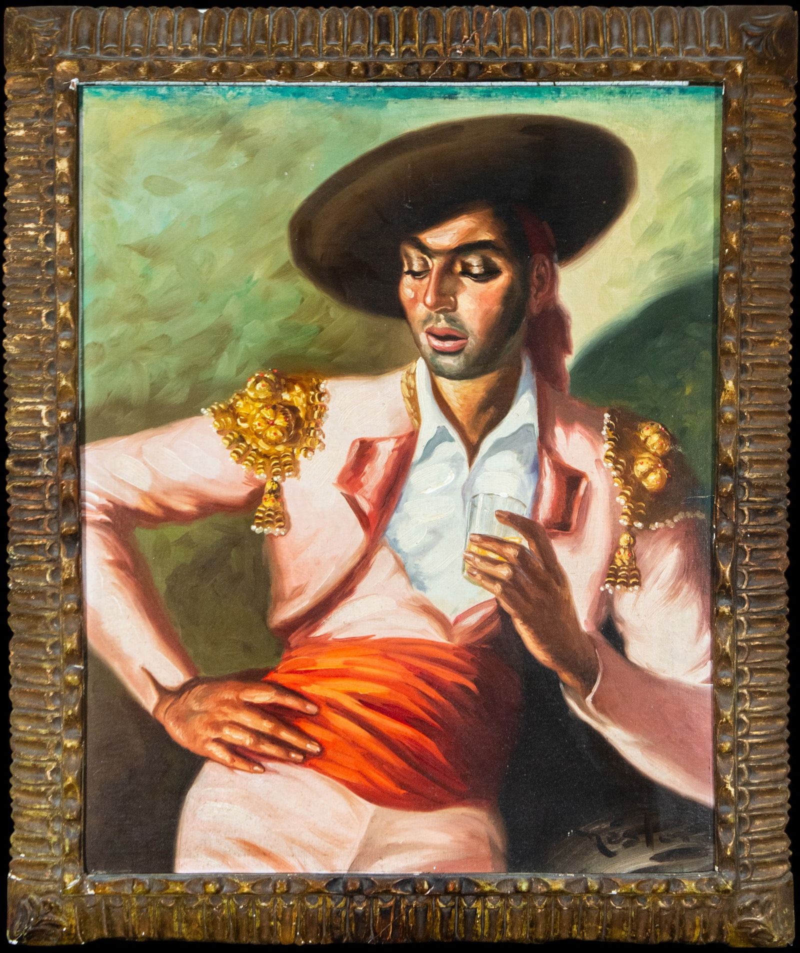 Portrait of a bullfighter. Signed. Spanish school. 20th century.: Oil on canvas. Dimensions: 81 x 66 cm and 96 x 80 cm. Half-length portrait of a bullfighter in his traditional suit of lights, captured in a relaxed and expressive pose while holding a glass. The figu
