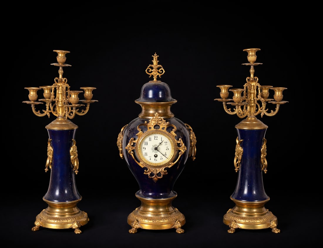 Clock and candlestick garniture. Sèvres style. 19th century: Blue porcelain with gilt bronze mounts. Candlestick measures 58 x 22 x 22 cm and clock 58 x 27 x 23 cm.
