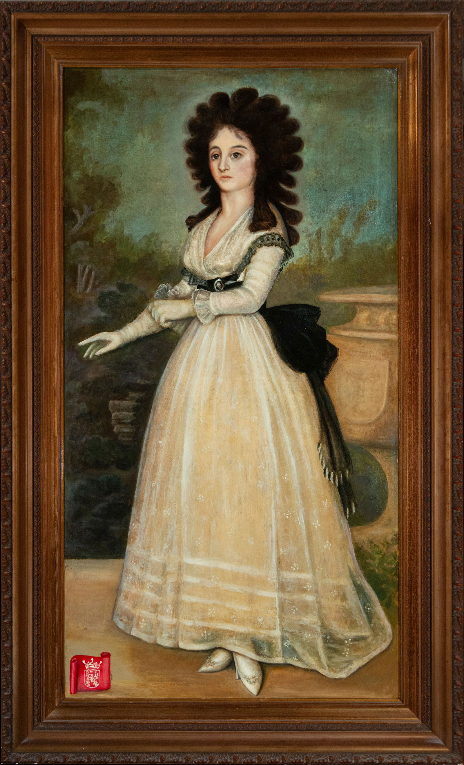Portrait of the Duchess of Alba, Spanish School, 20th Century: Oil on canvas. Dimensions 149 x 82 cm. The scene presents a reinterpretation of the celebrated icon of the Duchess of Alba, conceived as a stylistic homage to the Goyaesque tradition. The female figur