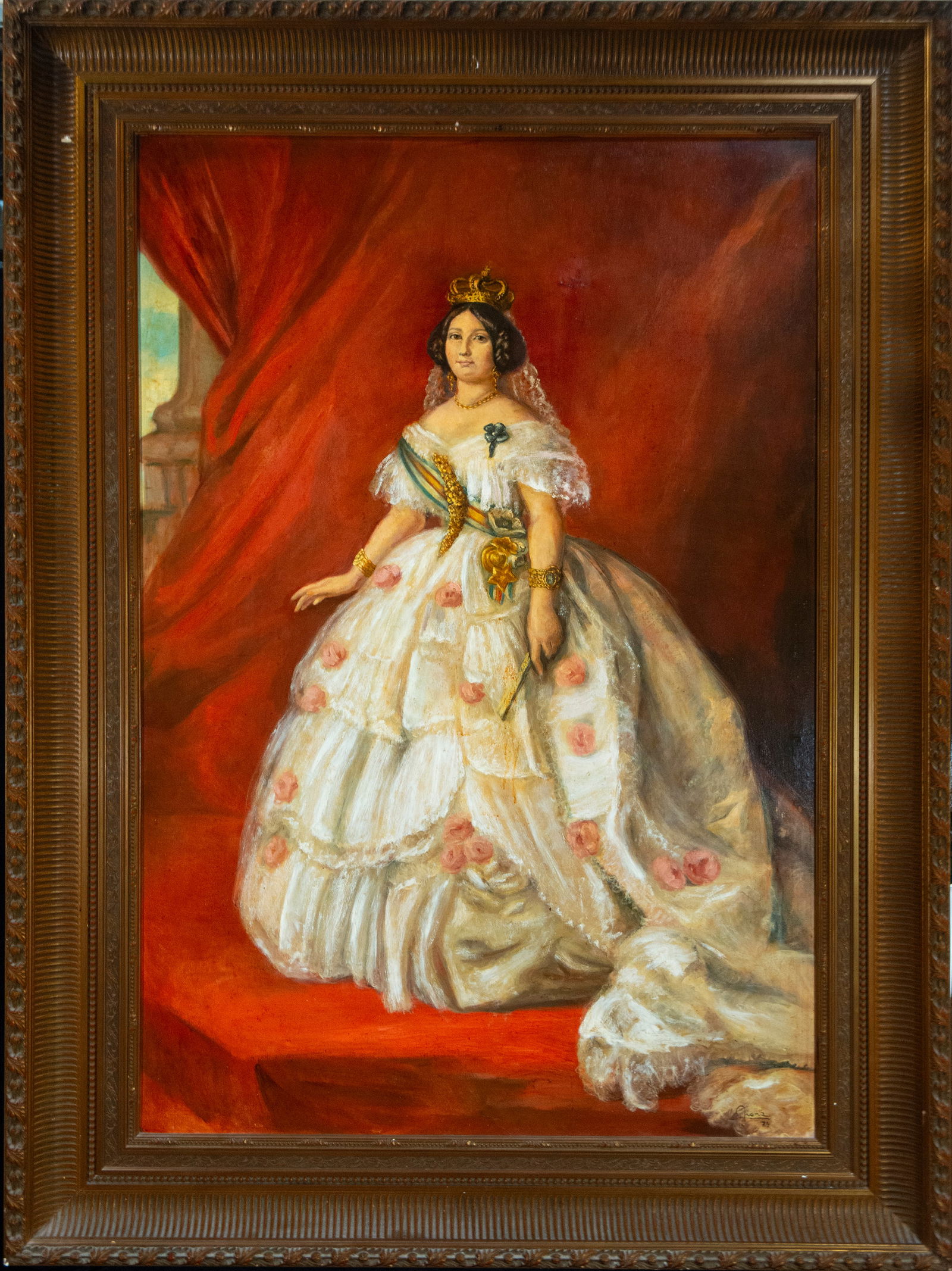 Portrait of Isabella II of Spain, Spanish School, 20th Century: Oil on canvas. Dimensions 141 x 84 cm. The portrait depicts Isabella II of Spain dressed in a voluminous state gown adorned with delicate pink flowers and rich symbolic elements of monarchical power,