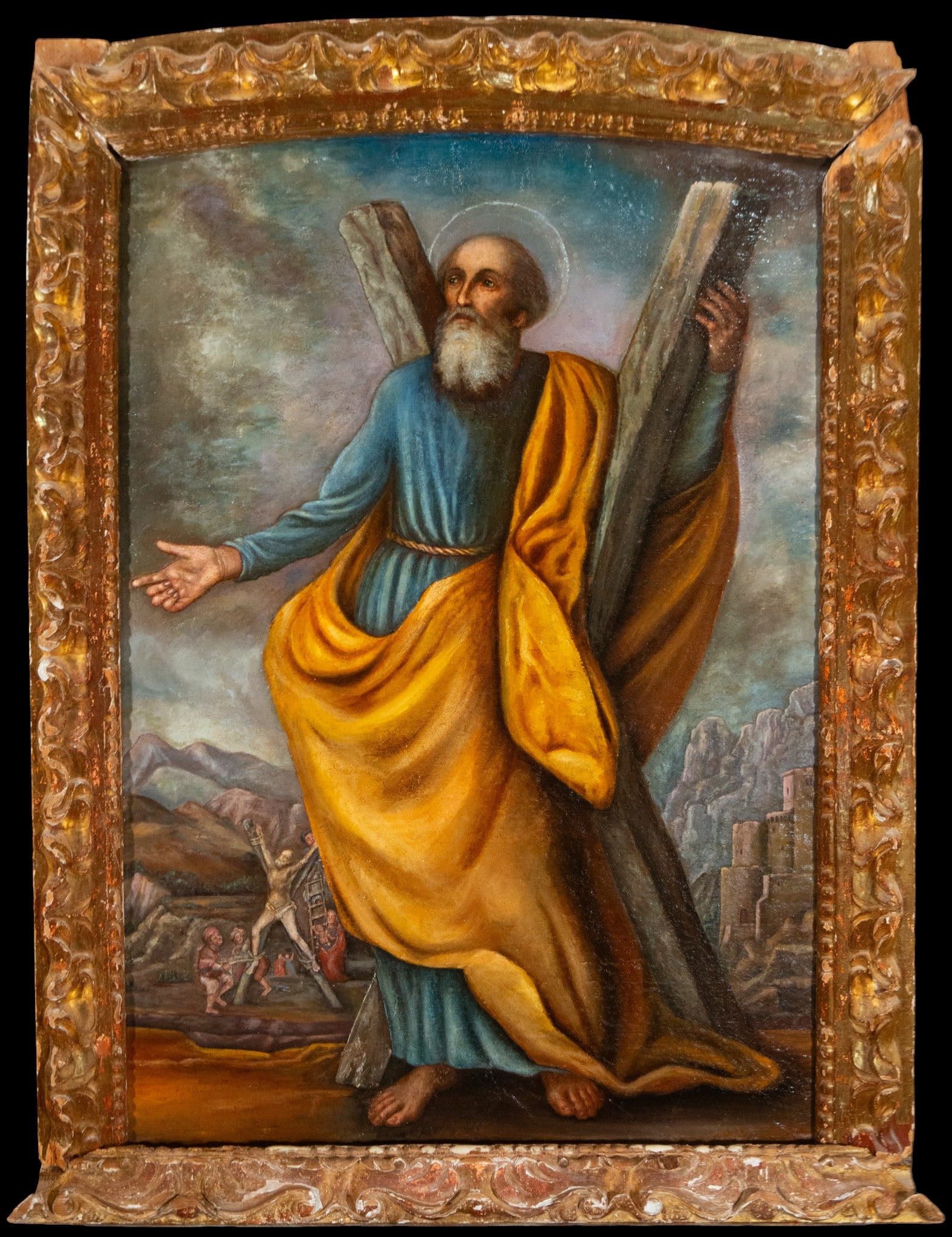 San Andrés, Spanish School, 18th Century: Oil on canvas. Dimensions 143 x 98 cm. The composition depicts Saint Andrew, identified by the saltire cross he firmly holds, as he advances with an eloquent gesture and upward gaze, reinforcing the d