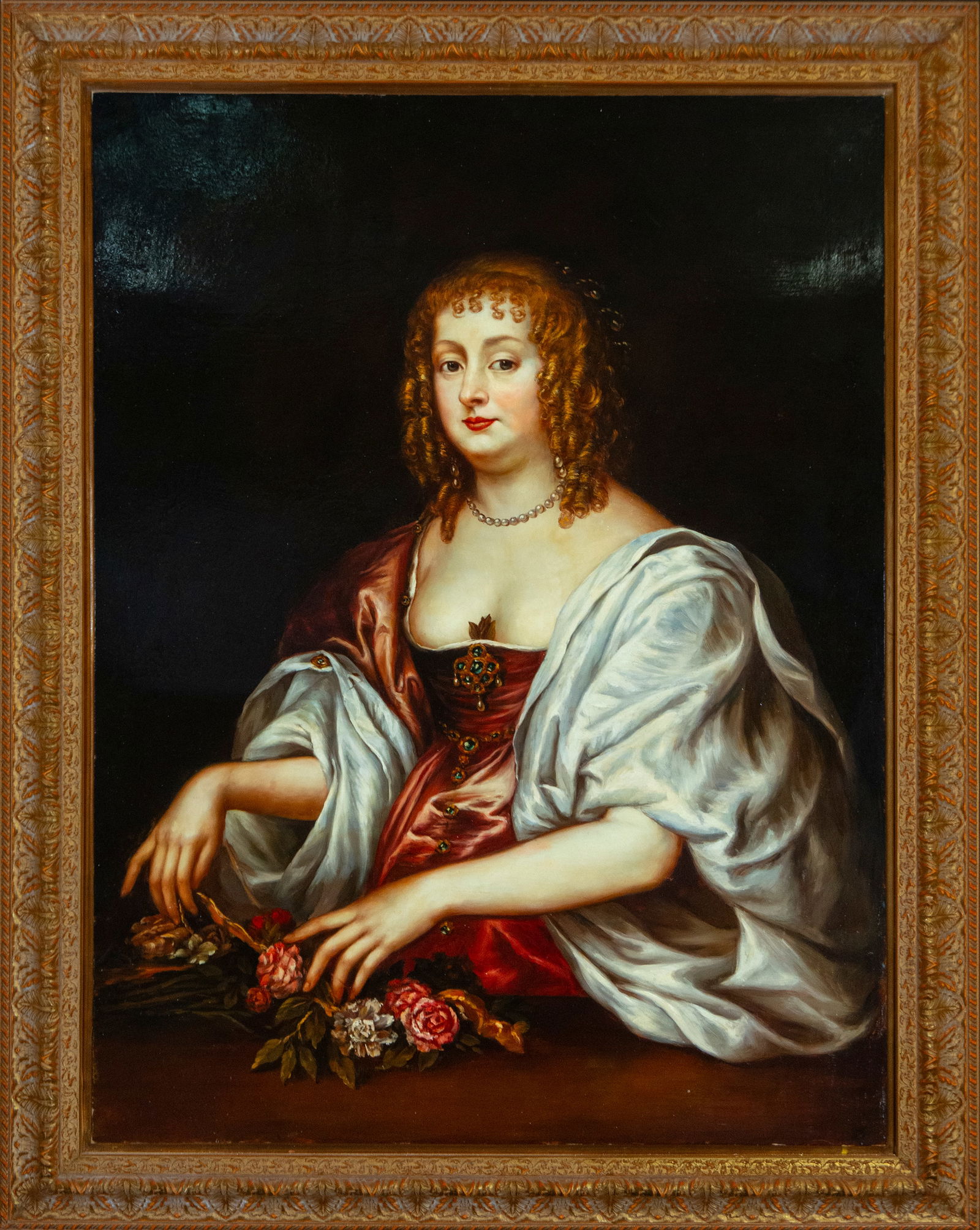 Portrait of the Countess of Carnarvon. Signed. Historicist school inspired by Van Dyck. 19th century (1 of 6)