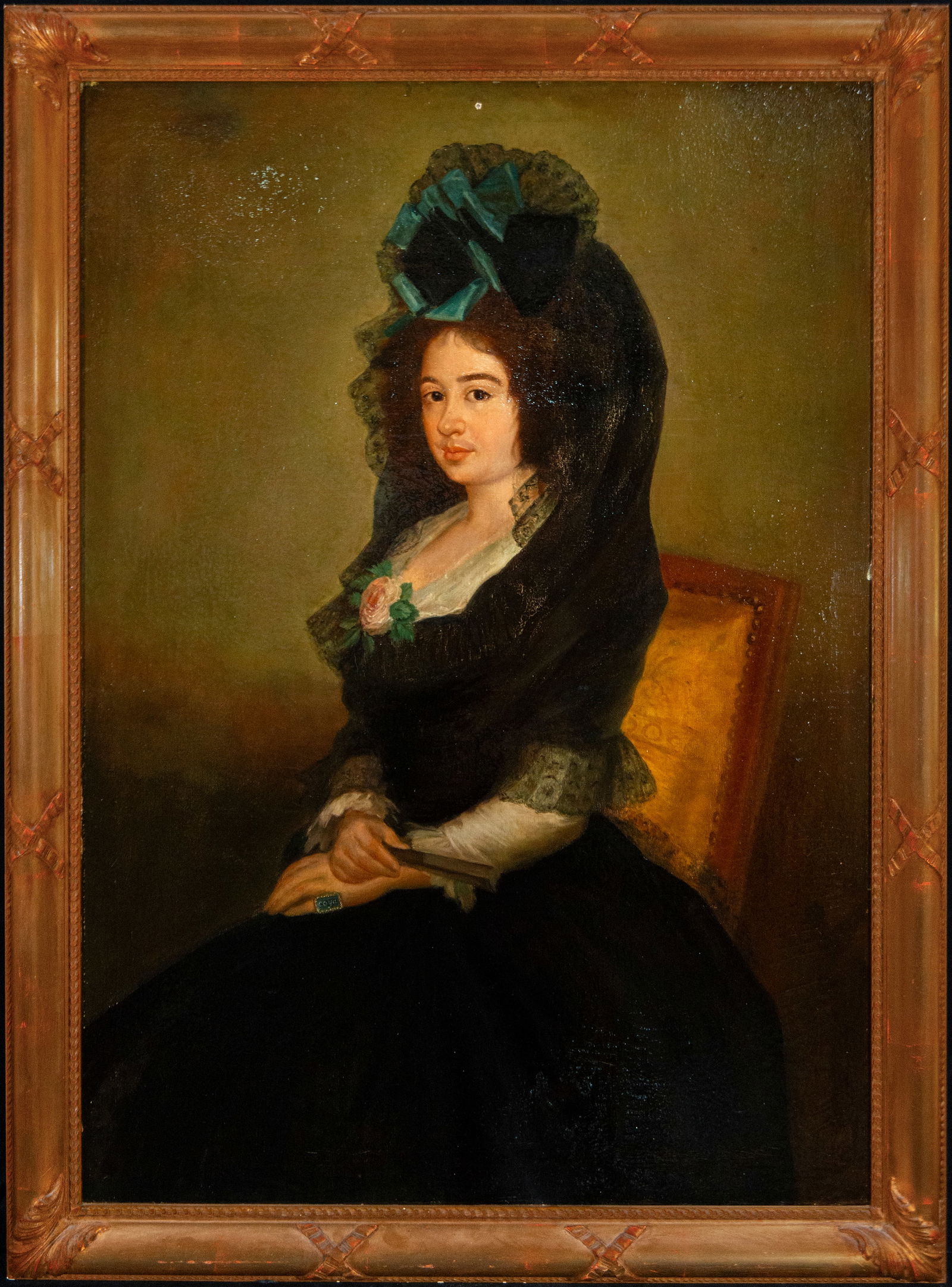 Doña Narcisa. Spanish school. 19th century: Oil on canvas. Dimensions: 113 x 79 cm (unframed) and 126 x 92 cm (framed). This large-format portrait of a woman depicts Doña Narcisa seated, elegantly attired, her body slightly turned and her hand