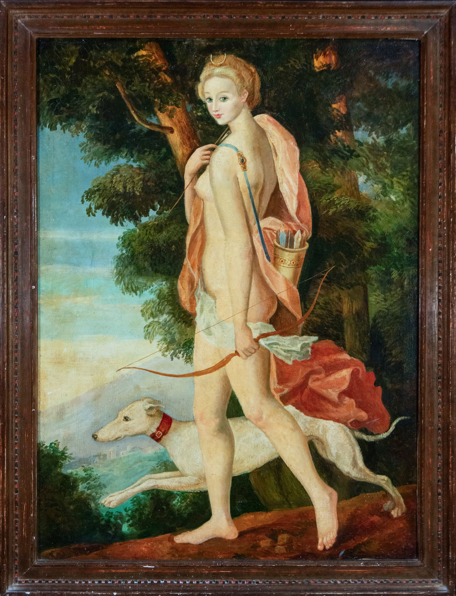 Diana the Huntress, 19th Century: Oil on canvas. Dimensions 109 x 80 cm; 124 x 93 cm. Depiction of Diana the Huntress in a wooded landscape, shown standing in an advancing pose, carrying a bow and quiver of arrows over her shoulder, a