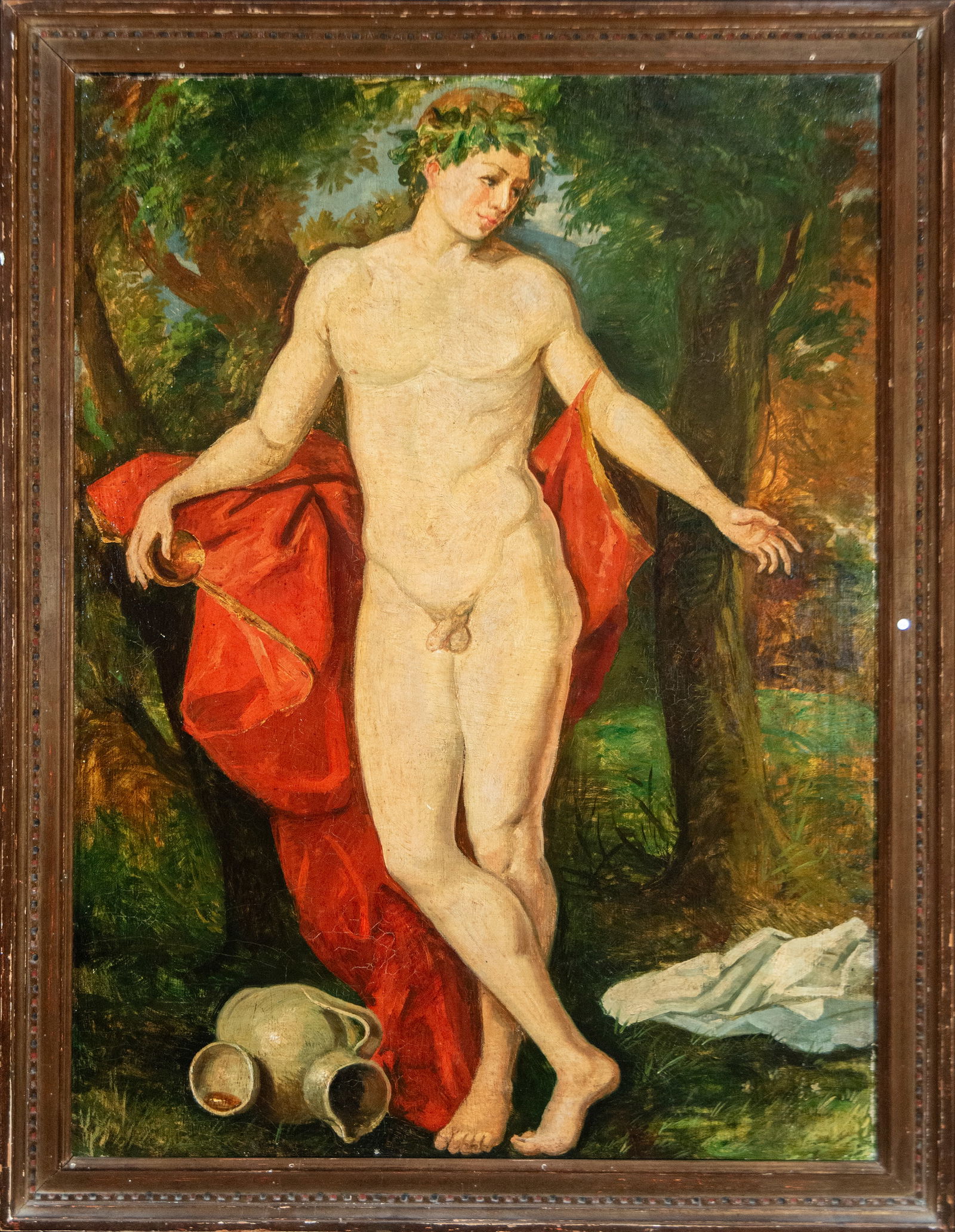 Portrait of the god Bacchus. European school. 19th century: Oil on canvas. Dimensions: 109 x 80 cm and 124 x 93 cm. A nude male figure, identified as Bacchus, crowned with vine leaves and leaning against a tree trunk, his body posed in an elegant contrapposto