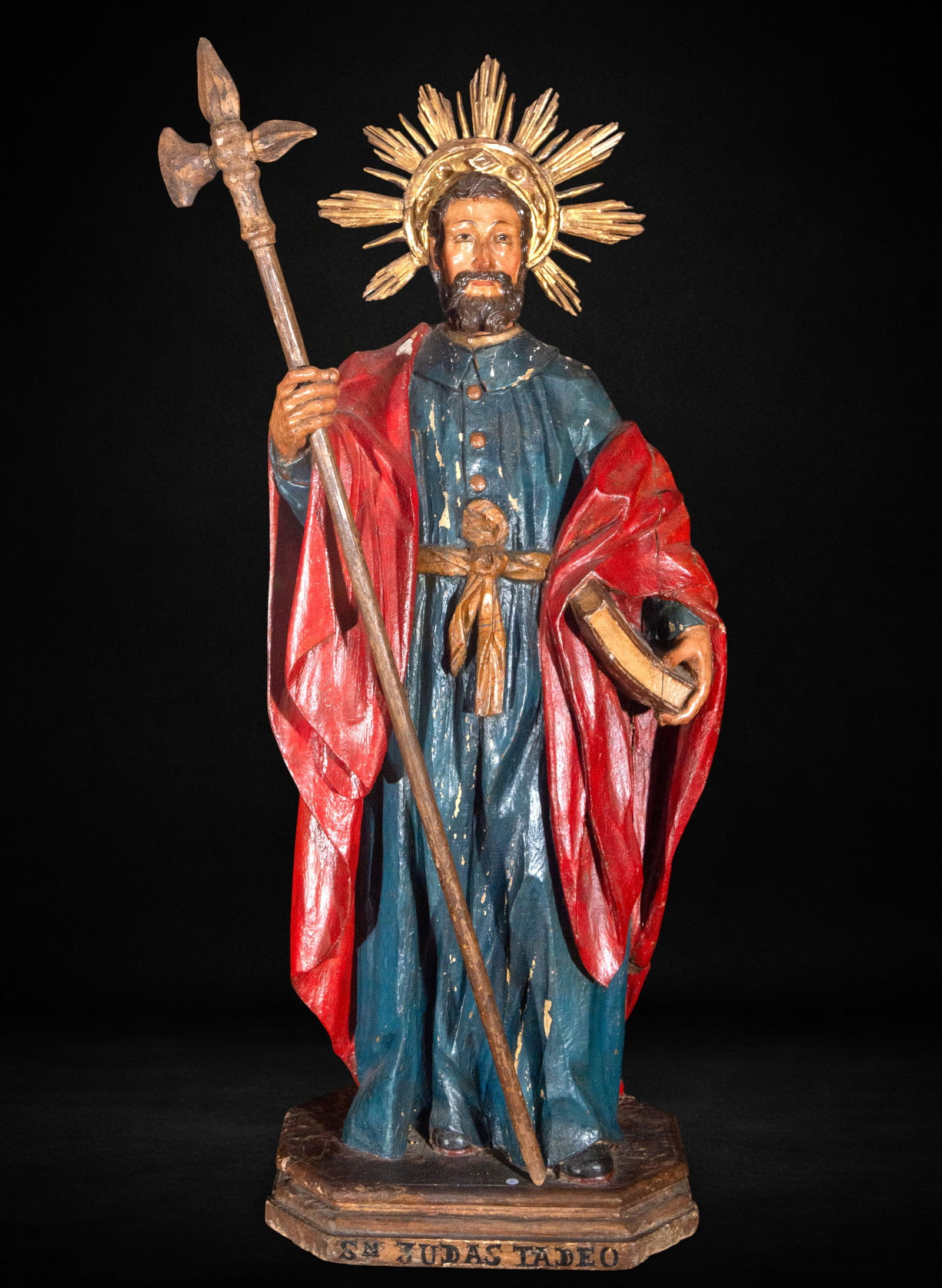 Saint Jude Thaddeus 16th-17th century: Carved and polychromed wood. Measures 99 x 36 x 23 cm. Saint Jude Thaddeus with book and attribute in his hand, large format figure corresponding to the 16th-17th century.