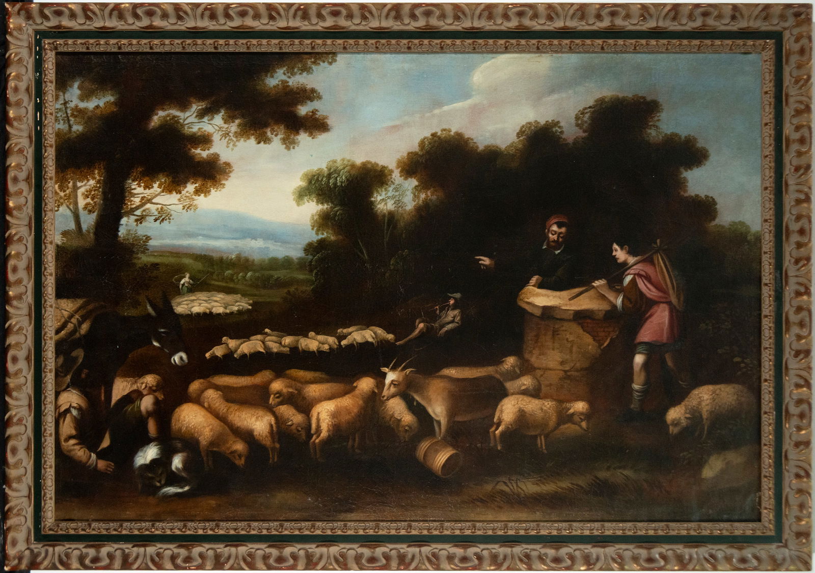 Oil on canvas, pastoral scene, 17th century, in the style of the Bassano family: Oil on canvas, pastoral scene, 17th century, dimensions 165 cm x 109 cm and 182 cm x 129 cm
