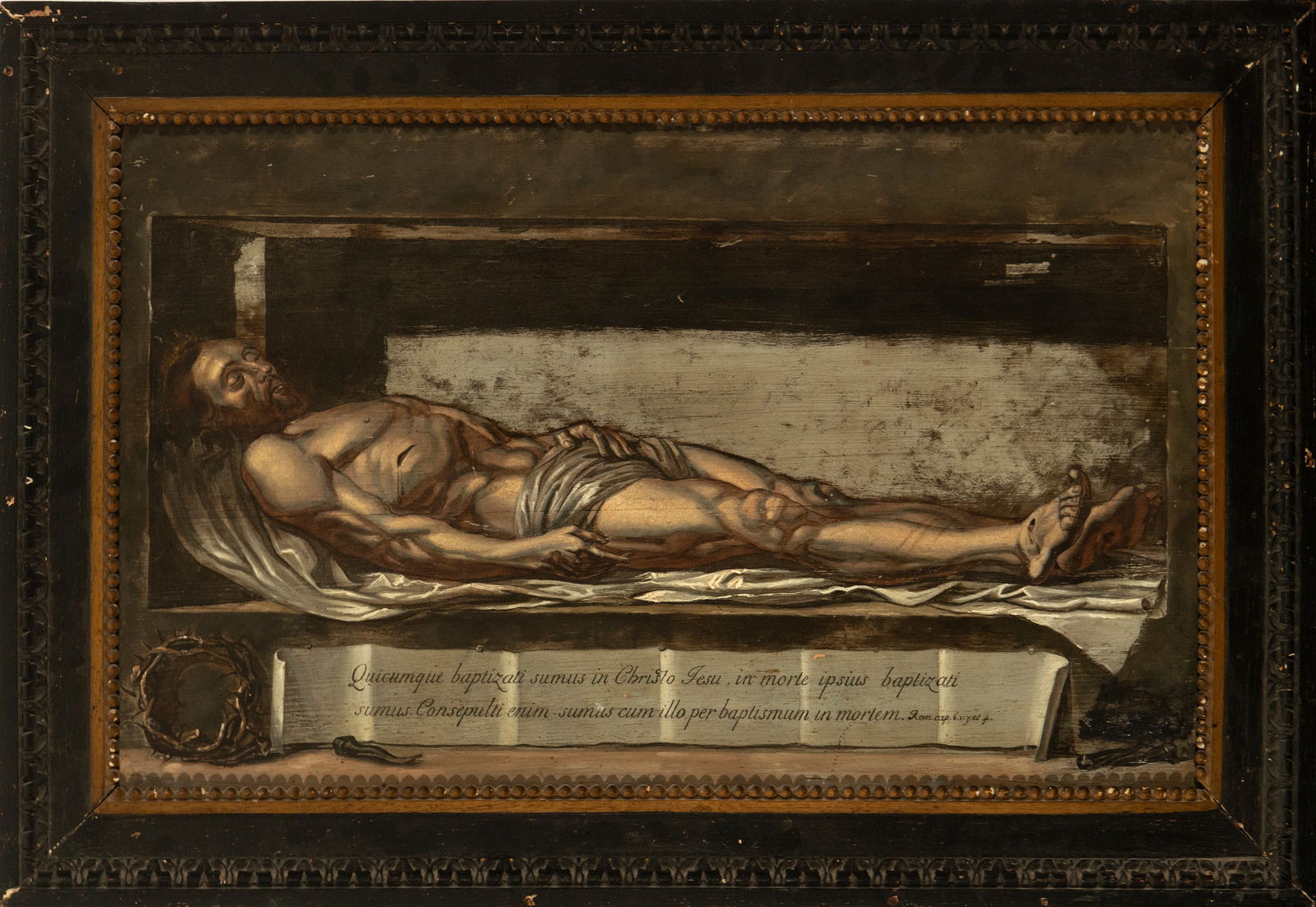 Oil on panel, 19th-20th century: Oil on panel from the 19th-20th century, Christ Lying in State, measuring 61 cm x 38 cm and 73 cm x 50 cm