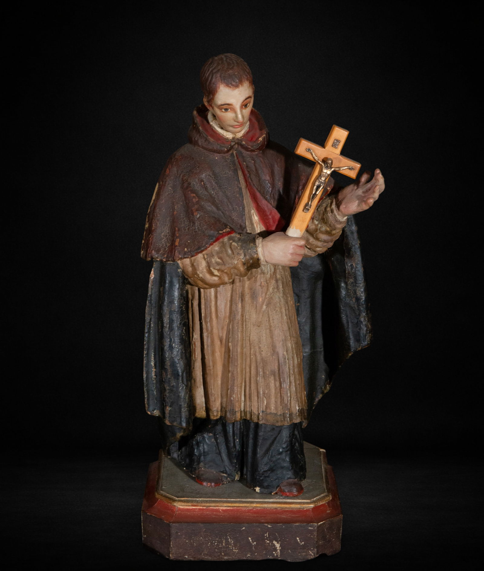 Saint Louis Gonzaga of the 17th Century: Saint Louis Gonzaga from the 17th century with the cross on the back, measures 49 cm x 18 cm x 19 cm