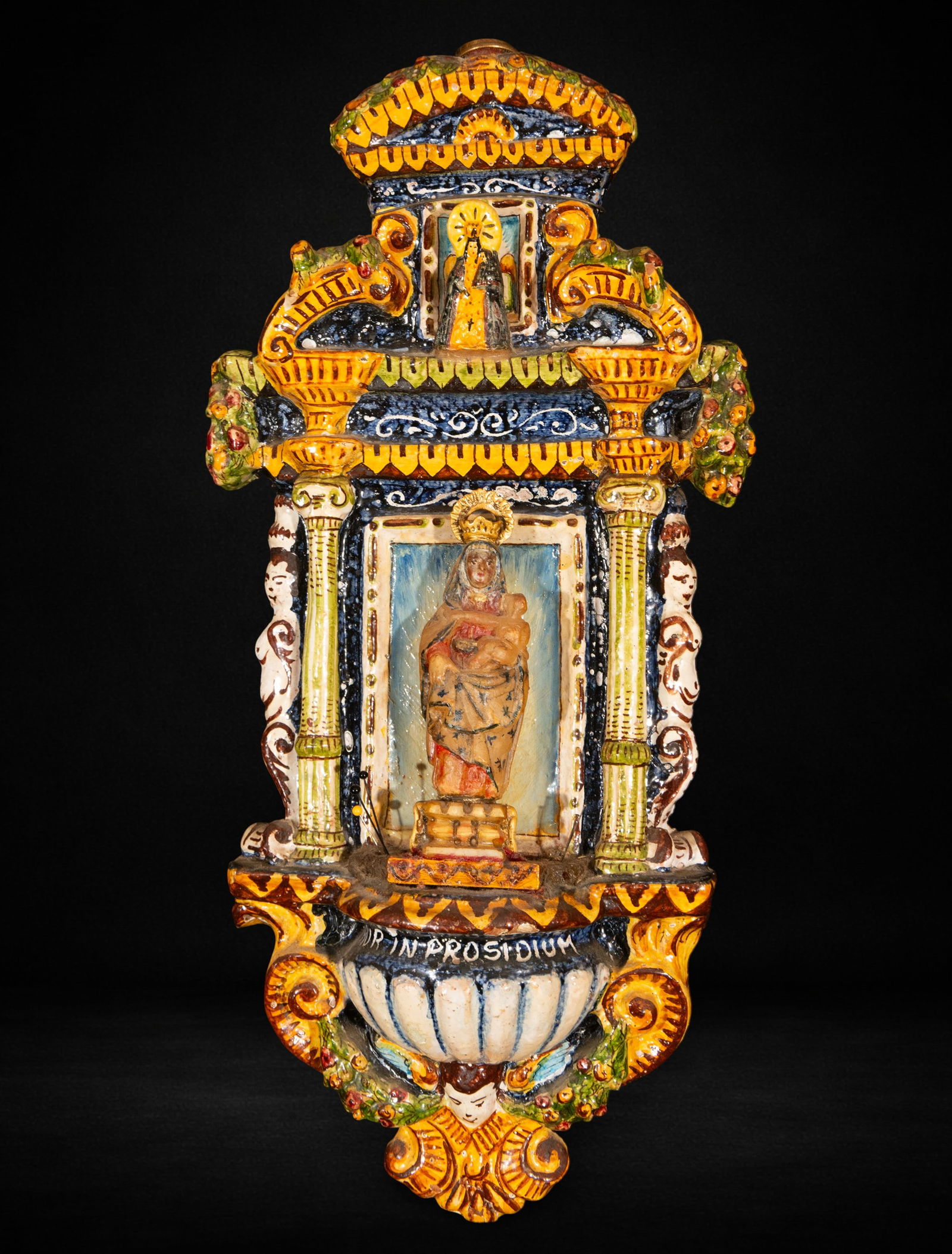 17th Century Alabaster Virgin of Huamanga with 19th-20th Century Italian Ceramic Mounting: Alabaster Virgin from Huamanga, 17th century, with Italian ceramic mount from the 19th-20th century. Virgin measures 15 cm x 5 cm x 4 cm and total dimensions 45 cm x 21 cm x 6 cm