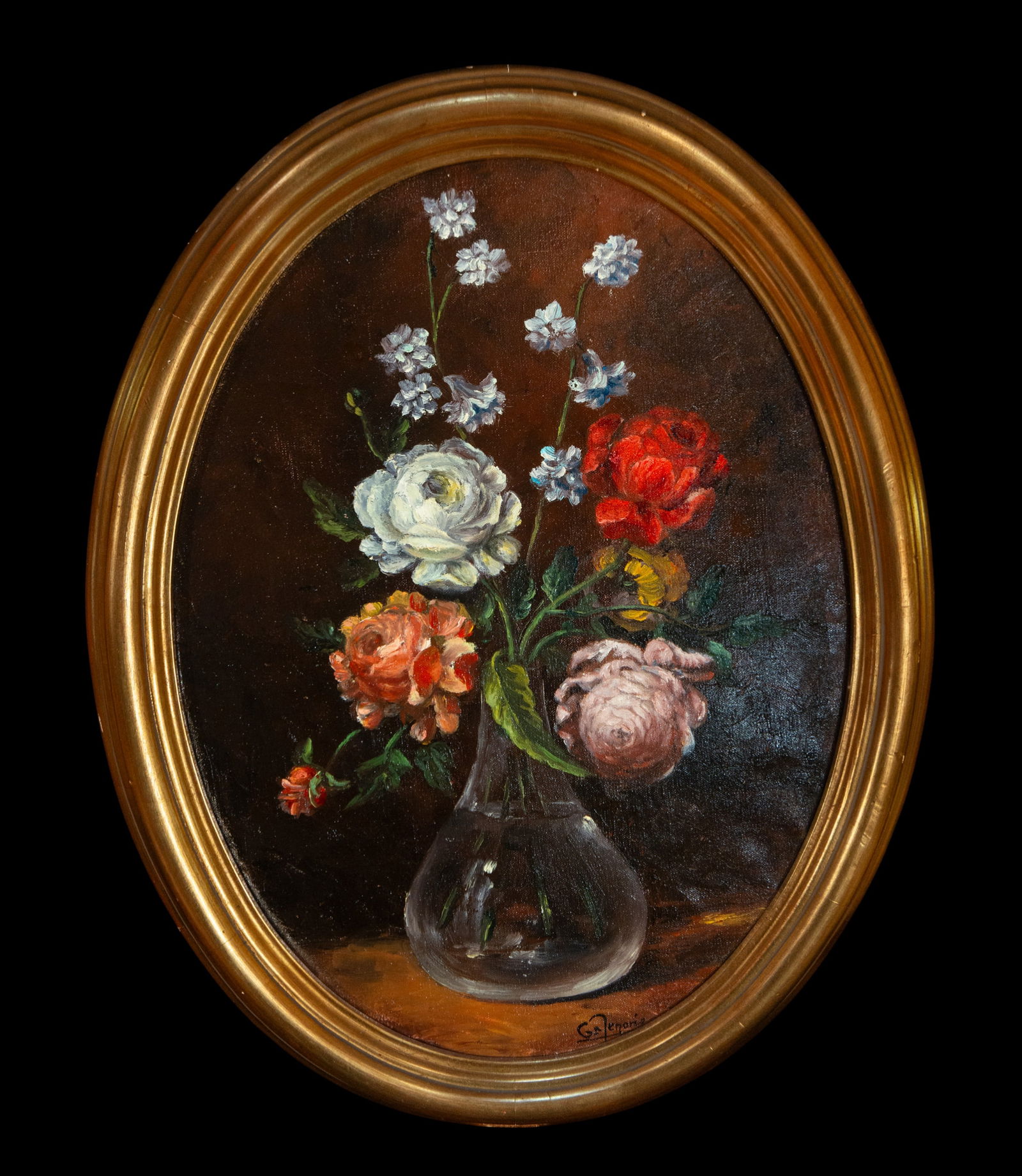 Vase, Signed, 20th Century: Oil on canvas. Dimensions: 60 x 41 cm; 71 x 52 cm. Floral composition arranged in a clear glass vase resting on a neutral surface, featuring white and red roses alongside small blue flowers and buds i
