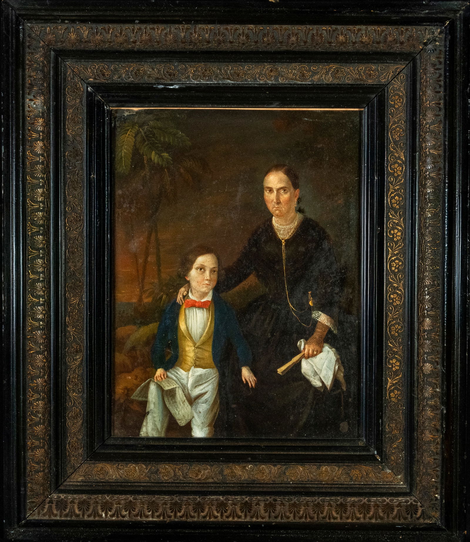 "Mantuana" Mother and Son - Cuban or Puerto Rican colonial school, late 18th century: Portrait of Mother and Child, oil on copper metal plate. 48 x 45 cm