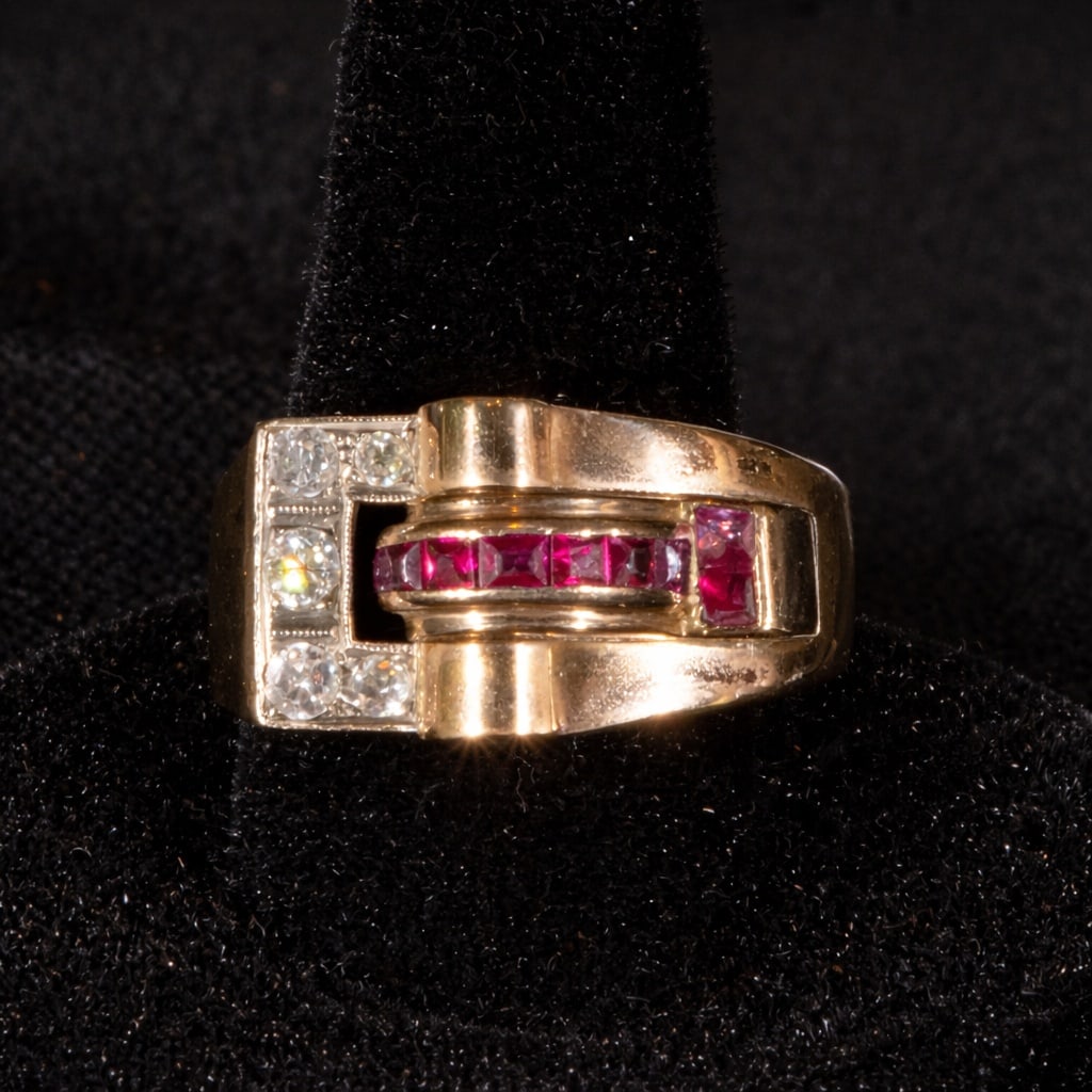 Chevalier style ring in yellow gold with pavé rubies and brilliant cut diamonds (small) (1 of 3)