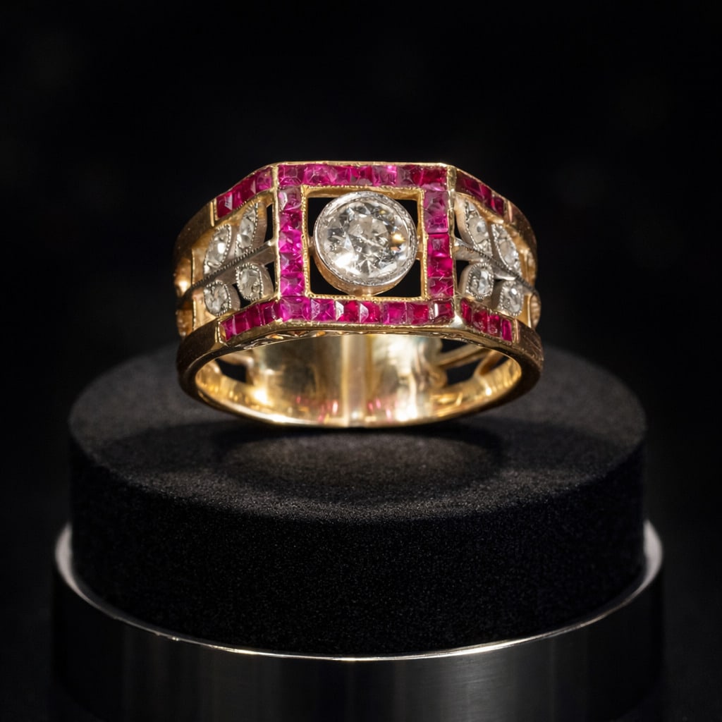 Antique Edwardian 18k Gold Mens Solitaire Ring with 1ct approx central natural diamond: Weight 8.02 grams, in 18k gold, rubies and natural diamonds. Ring size 22/62. 19.74mm inner diameter.