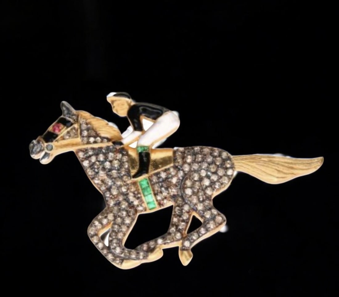 Horse shaped brooch with diamonds, emeralds and spinel (1 of 1)