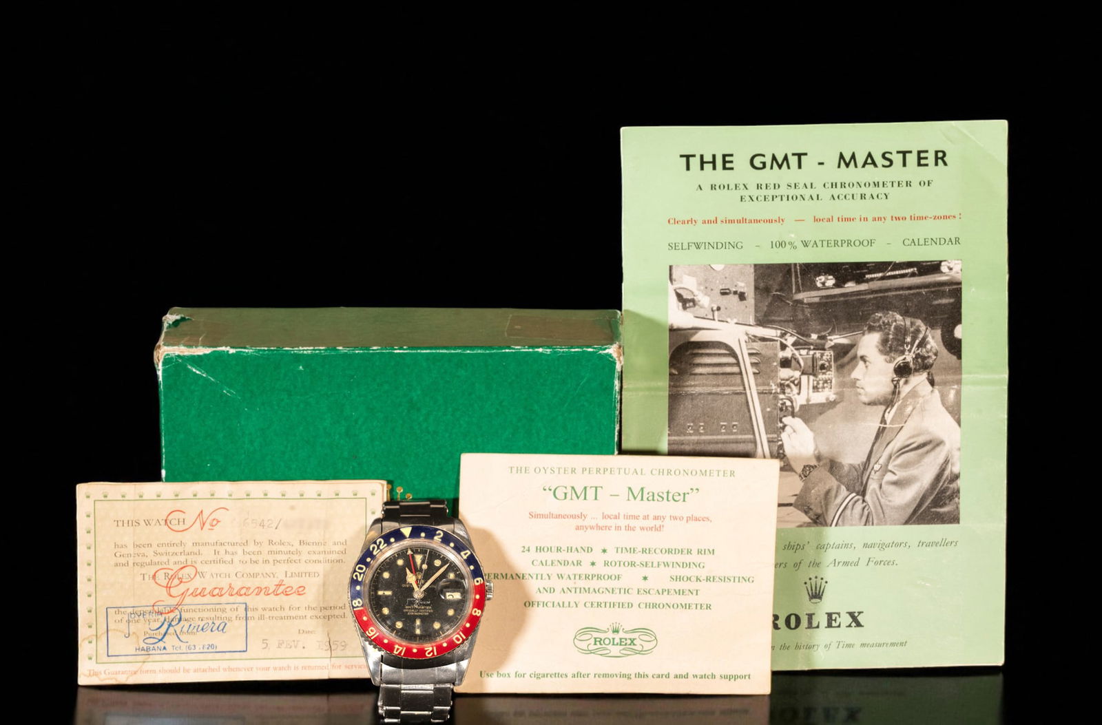 Rolex GMT 6542, circa 1959 by "Riviera Jewelry" BOX AND PAPERS, Havana - 1959, in working condition: Star Lot - Templum Auctions is pleased to present this magnificent Rolex GMT 6542 in steel, caliber 1036, possibly one of the most coveted Rolex watches worldwide and never before seen at auction. Thi