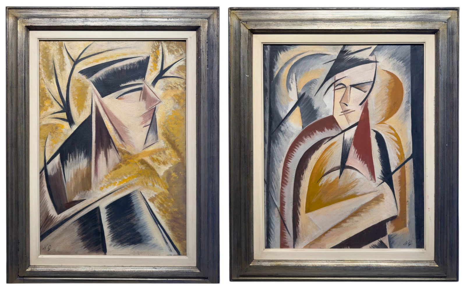 NATALIA GONCHAROVA (Ladyzhino, 1881 – Paris, 1962) - Portrait of the dancer and choreographer: Pair of oil paintings on canvas. Dimensions: 60 x 40 cm each. Signed “NG”, the portrait of Léonide Massine in the lower left corner and the other in the lower right corner. A certificate from