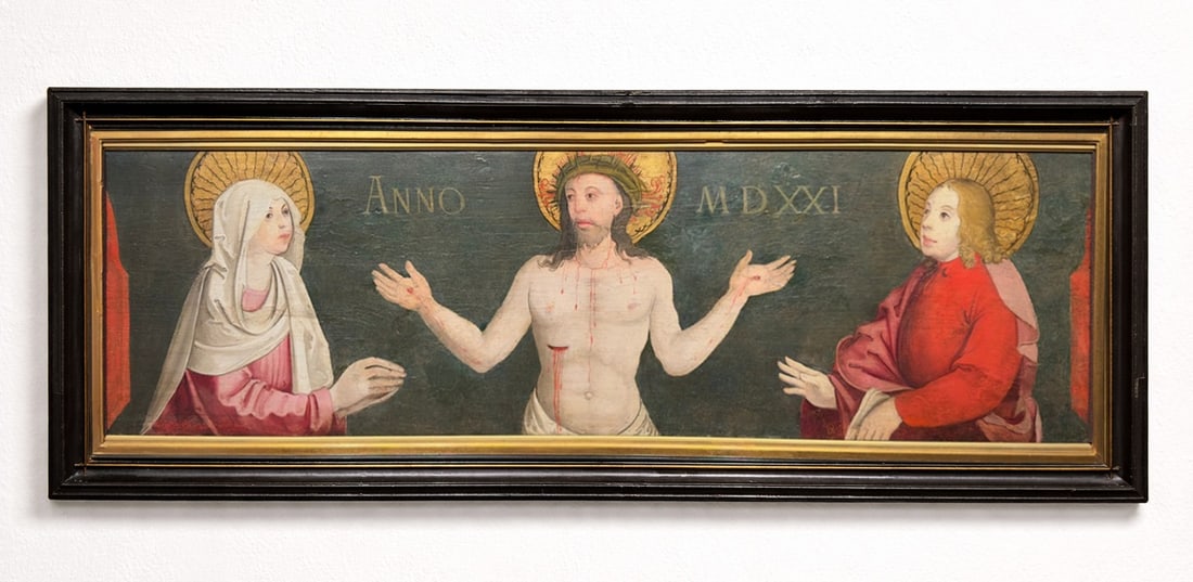MASTER OF LUEMSCHWILLER (active in Alsace, early 16th century) - Predella with Ecce Homo, the Virgin: Oil on panel. Dimensions: 35.2 x 125 cm. Inscription: ANNO MDXXI. This predella, dated 1521, depicts the Ecce Homo, with Christ shown to the people after the Flagellation. He appears crowned with thor