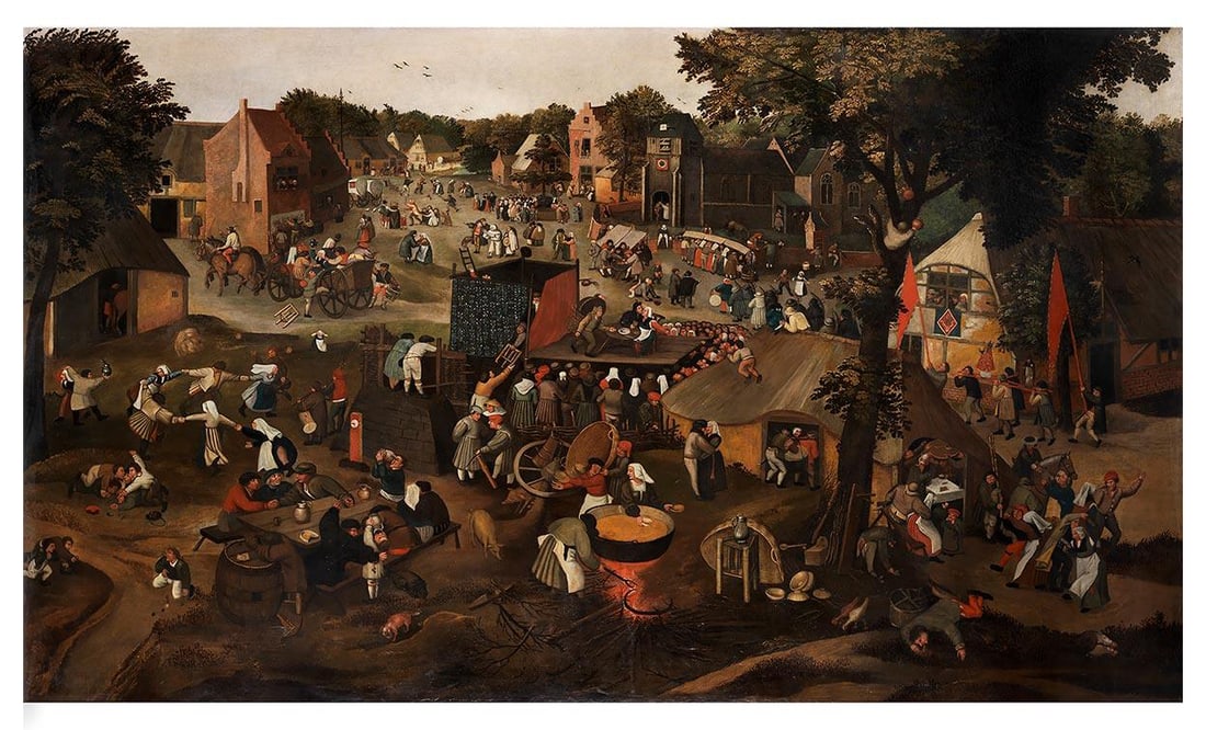 MARTEN VAN CLEVE (Antwerp, c. 1527 – 1581) Attributed - Large village fair with theatrical stage: Oil on canvas. Dimensions: 170.2 x 291.6 cm. Unframed. Attribution supported by the indications of Dr. Klaus Ertz. This spectacular, large-format composition is a magnificent example of 16th-century F