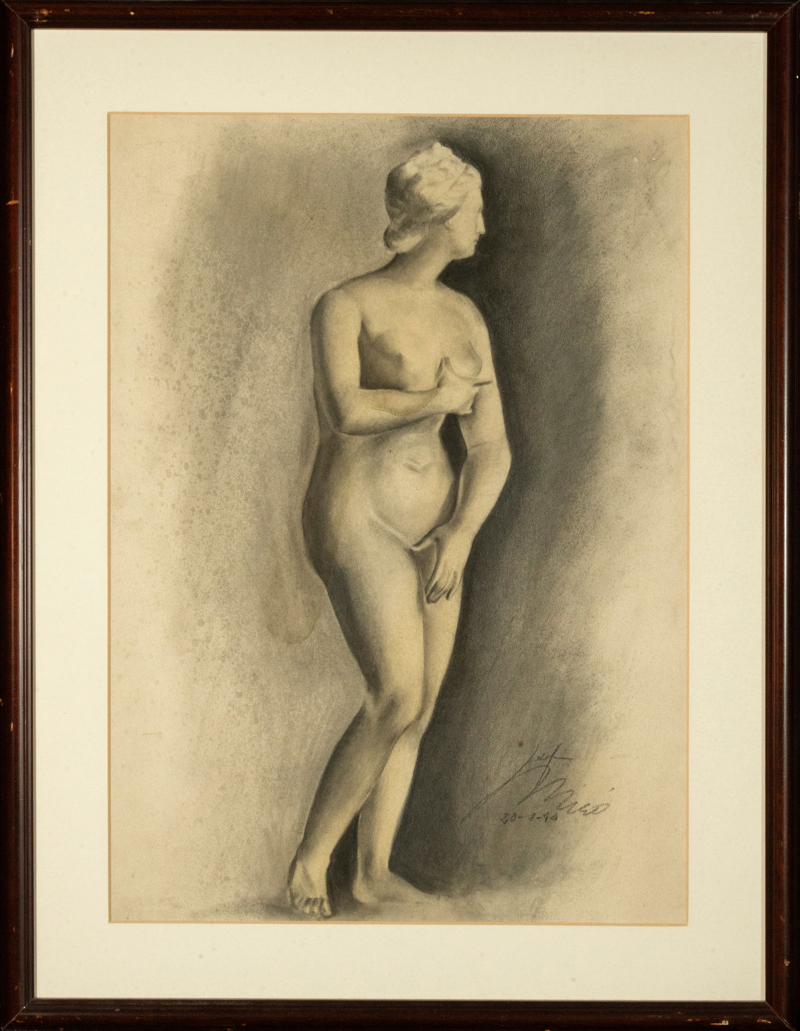 Decorative charcoal drawing of Venus, signed J. Miro: Dated 1944, marked external measurement: 63 x 50 cm
