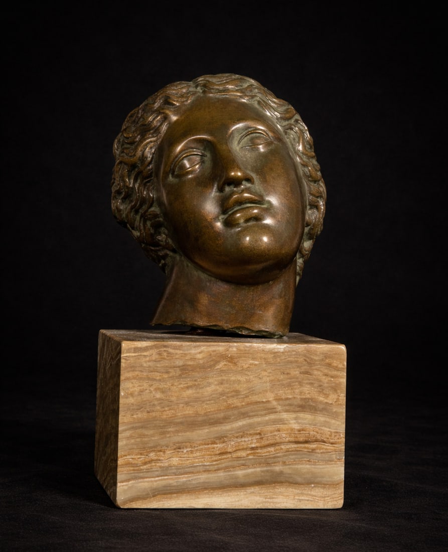 Exquisite Roman patinated bronze sculpture of a Greek Venus head from the 19th century: Onyx base. 27 x 12 x 12 cm